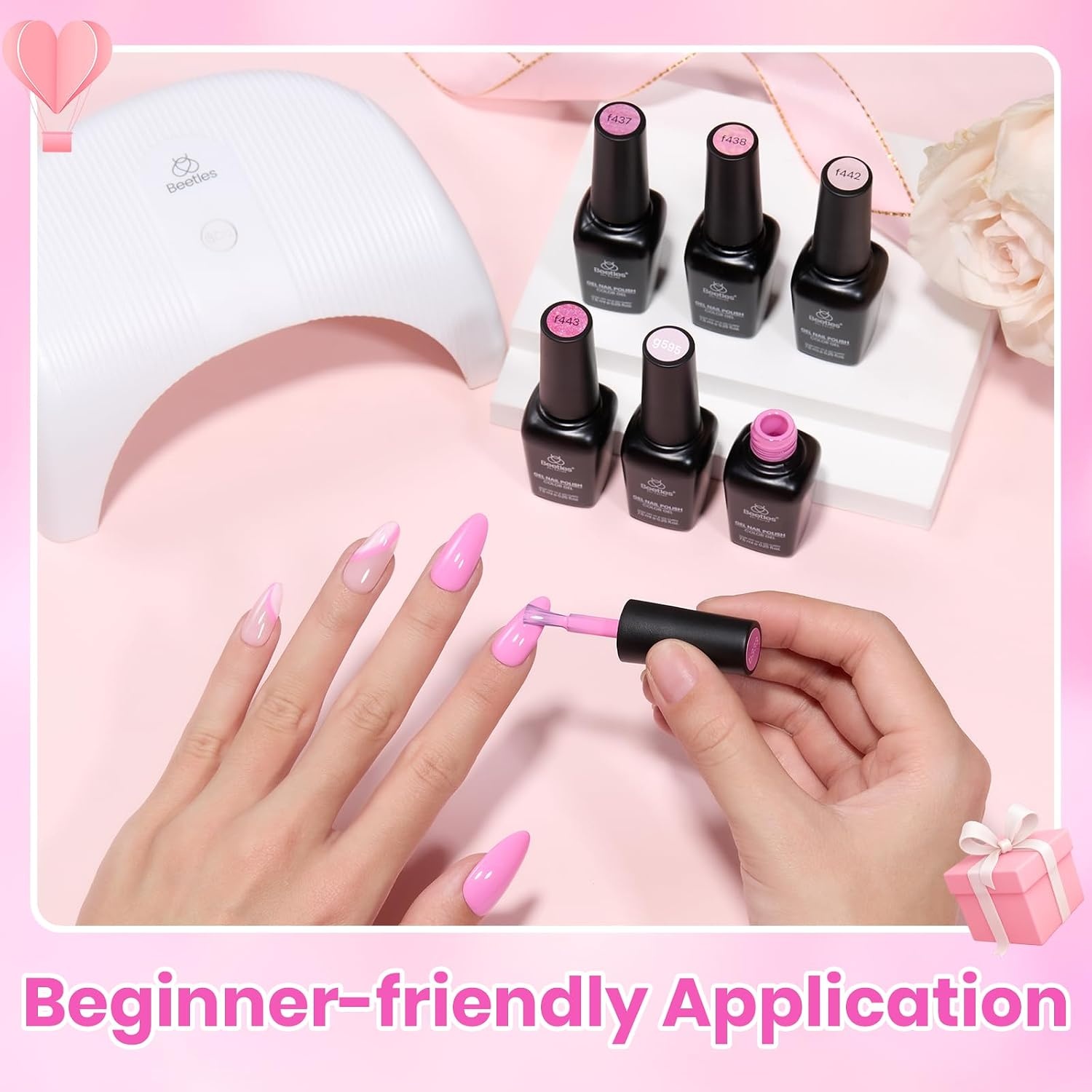 image:imageBeetles Summer Gel Nail Polish Set 5 Winter Colors Dark Blue Glitter White Light Blue Silver Gel Polish with Sealing Gel Sugar Dust Powder Nail Sticker UV LED Needed Gifts for Women Sparkling SnowPink Reverie
