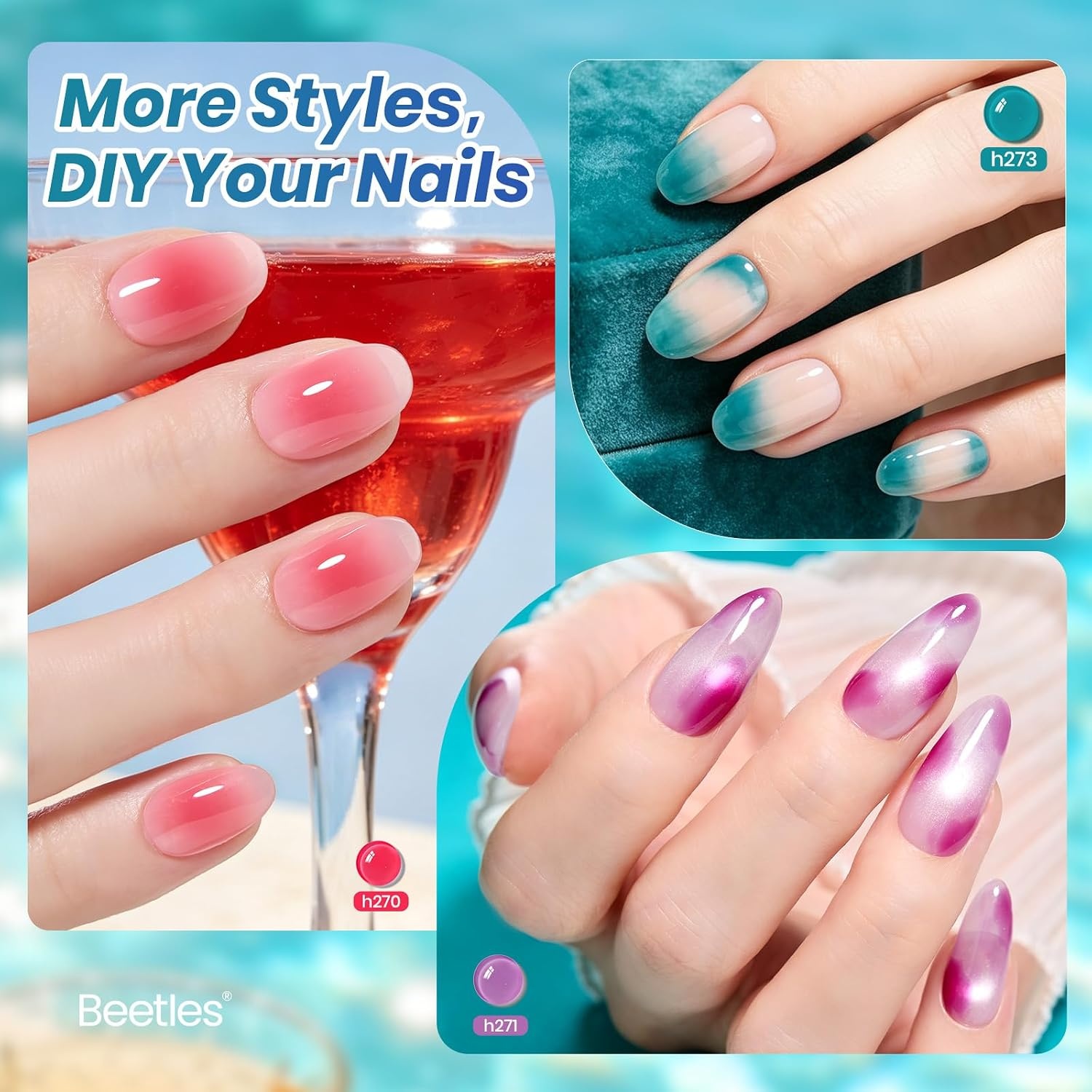 image:imageBeetles Summer Gel Nail Polish Set 5 Winter Colors Dark Blue Glitter White Light Blue Silver Gel Polish with Sealing Gel Sugar Dust Powder Nail Sticker UV LED Needed Gifts for Women Sparkling SnowLuminous Cocktail