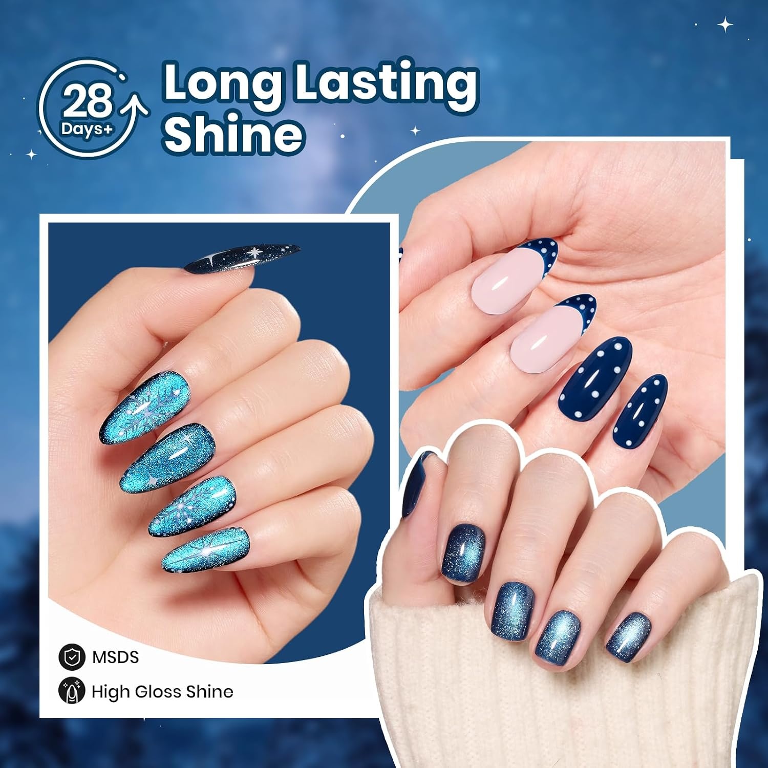 image:imageBeetles Summer Gel Nail Polish Set 5 Winter Colors Dark Blue Glitter White Light Blue Silver Gel Polish with Sealing Gel Sugar Dust Powder Nail Sticker UV LED Needed Gifts for Women Sparkling SnowSkyfall Fade
