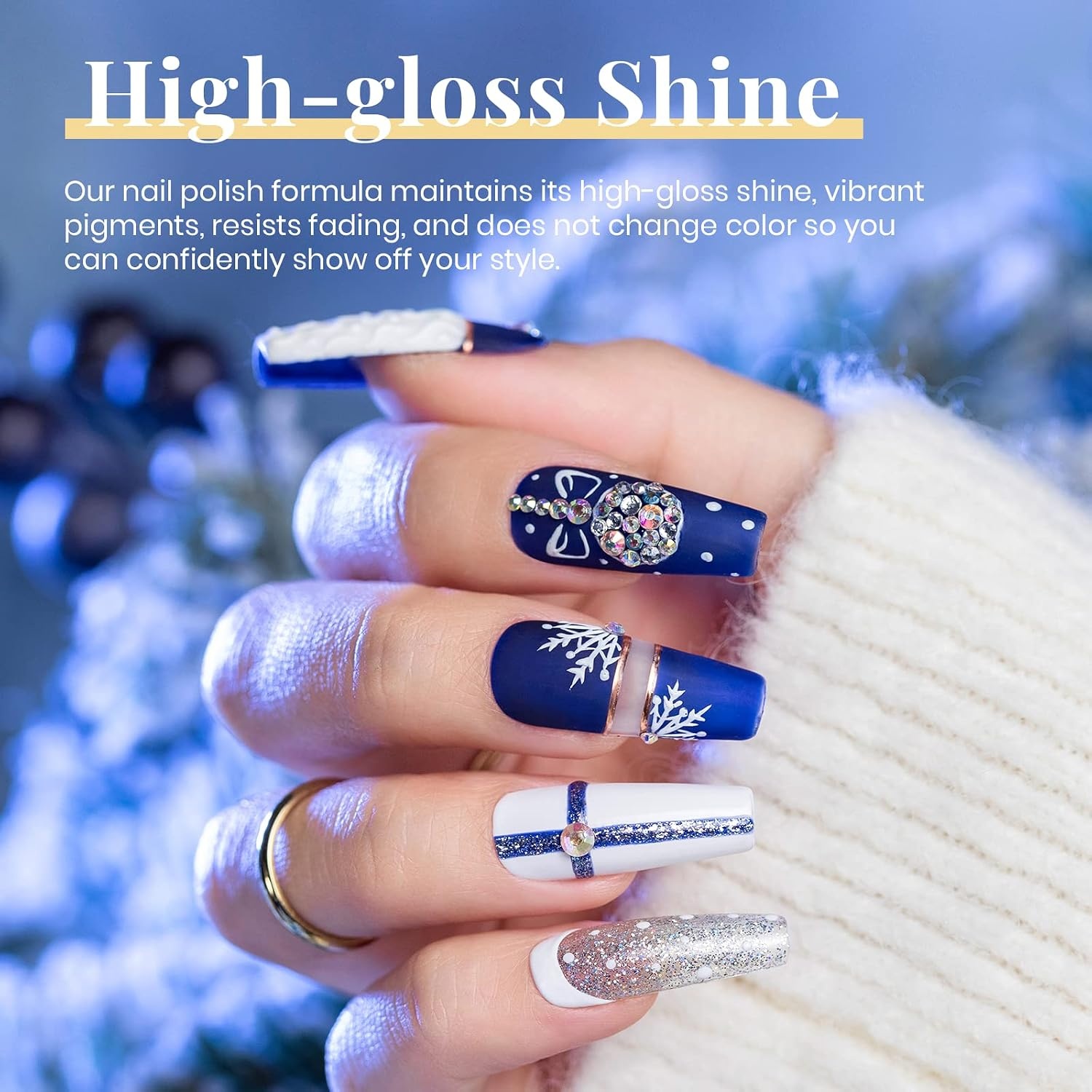 image:imageBeetles Summer Gel Nail Polish Set 5 Winter Colors Dark Blue Glitter White Light Blue Silver Gel Polish with Sealing Gel Sugar Dust Powder Nail Sticker UV LED Needed Gifts for Women Sparkling Snow000Sparkling Snow