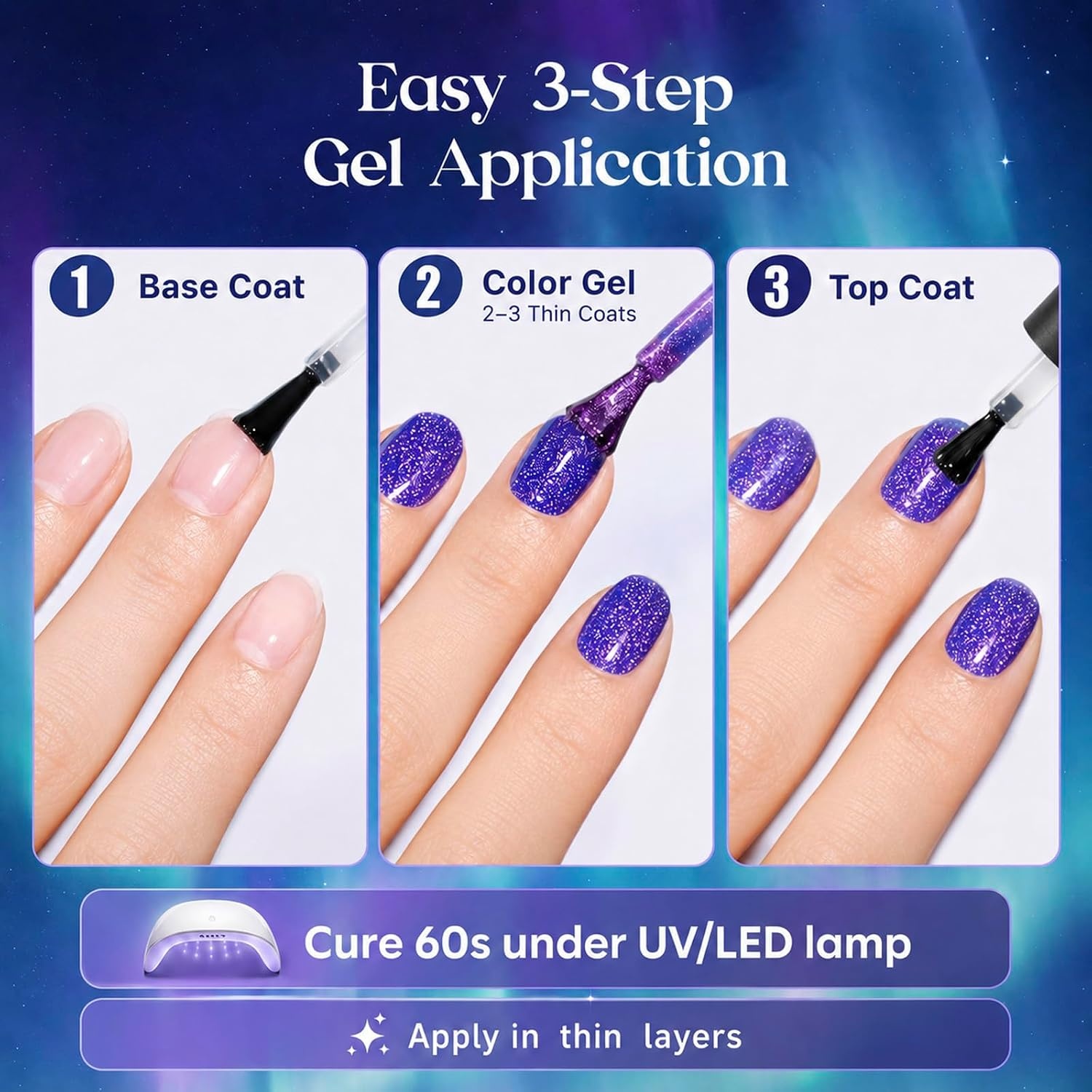 image:imageBeetles Summer Gel Nail Polish Set 5 Winter Colors Dark Blue Glitter White Light Blue Silver Gel Polish with Sealing Gel Sugar Dust Powder Nail Sticker UV LED Needed Gifts for Women Sparkling SnowKaleido Galaxy