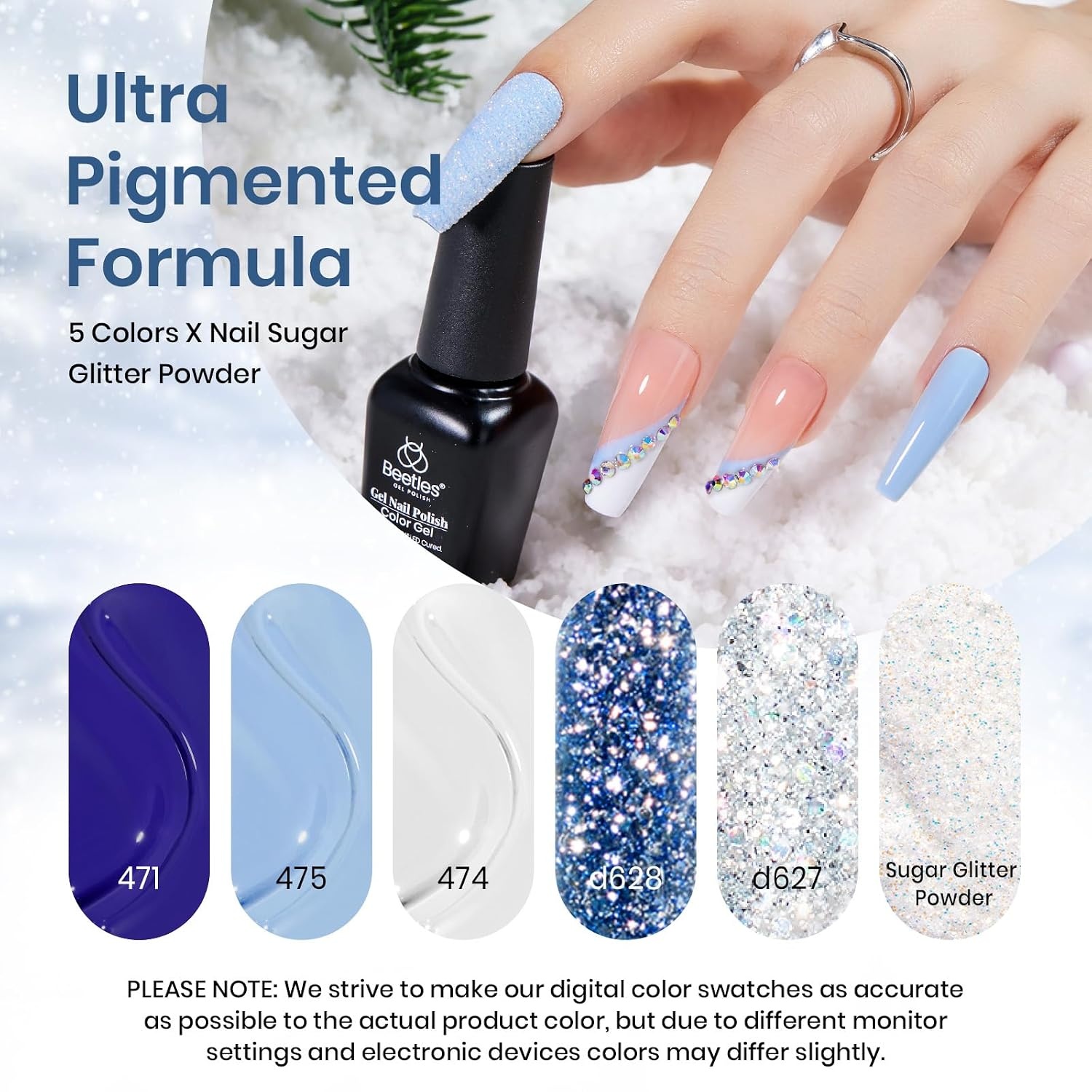image:imageBeetles Summer Gel Nail Polish Set 5 Winter Colors Dark Blue Glitter White Light Blue Silver Gel Polish with Sealing Gel Sugar Dust Powder Nail Sticker UV LED Needed Gifts for Women Sparkling Snow000Sparkling Snow