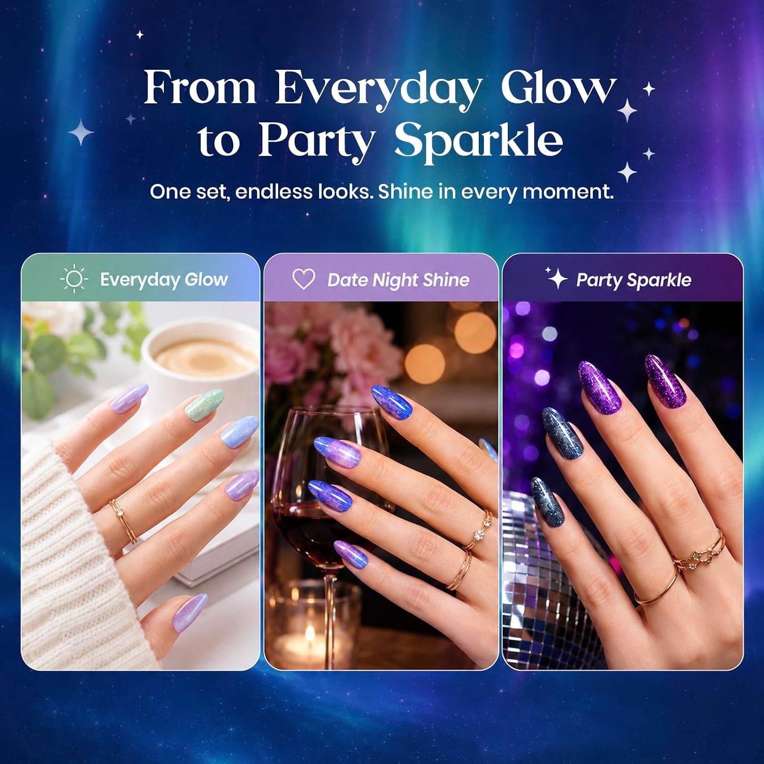 image:imageBeetles Summer Gel Nail Polish Set 5 Winter Colors Dark Blue Glitter White Light Blue Silver Gel Polish with Sealing Gel Sugar Dust Powder Nail Sticker UV LED Needed Gifts for Women Sparkling SnowKaleido Galaxy