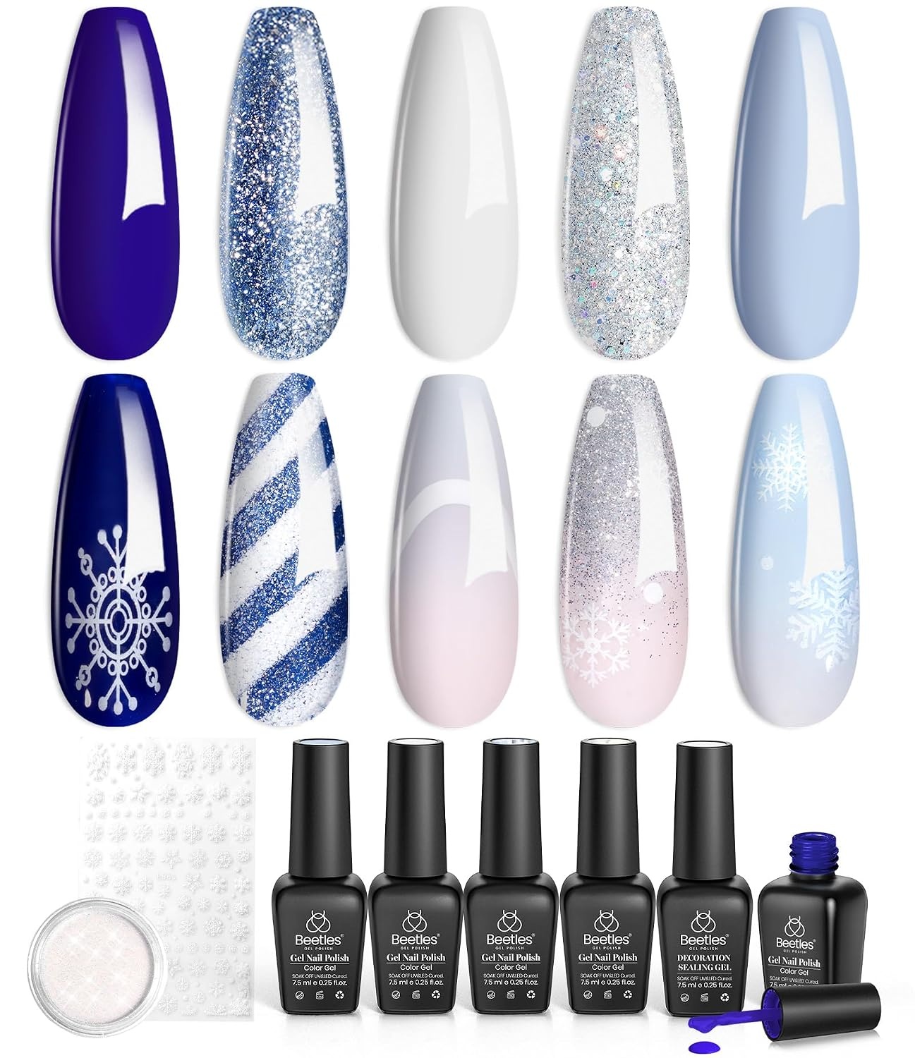 image:imageBeetles Summer Gel Nail Polish Set 5 Winter Colors Dark Blue Glitter White Light Blue Silver Gel Polish with Sealing Gel Sugar Dust Powder Nail Sticker UV LED Needed Gifts for Women Sparkling Snow000Sparkling Snow