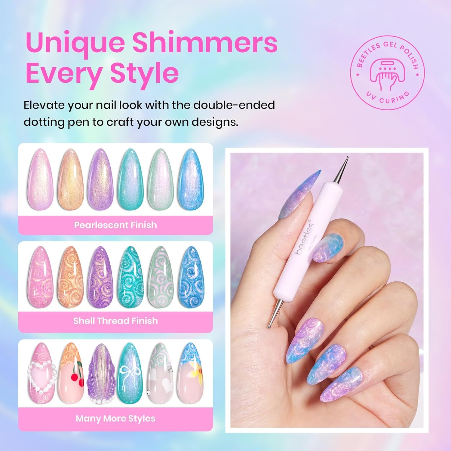 image:imageBeetles Summer Gel Nail Polish Set 5 Winter Colors Dark Blue Glitter White Light Blue Silver Gel Polish with Sealing Gel Sugar Dust Powder Nail Sticker UV LED Needed Gifts for Women Sparkling SnowPink Purple Orange