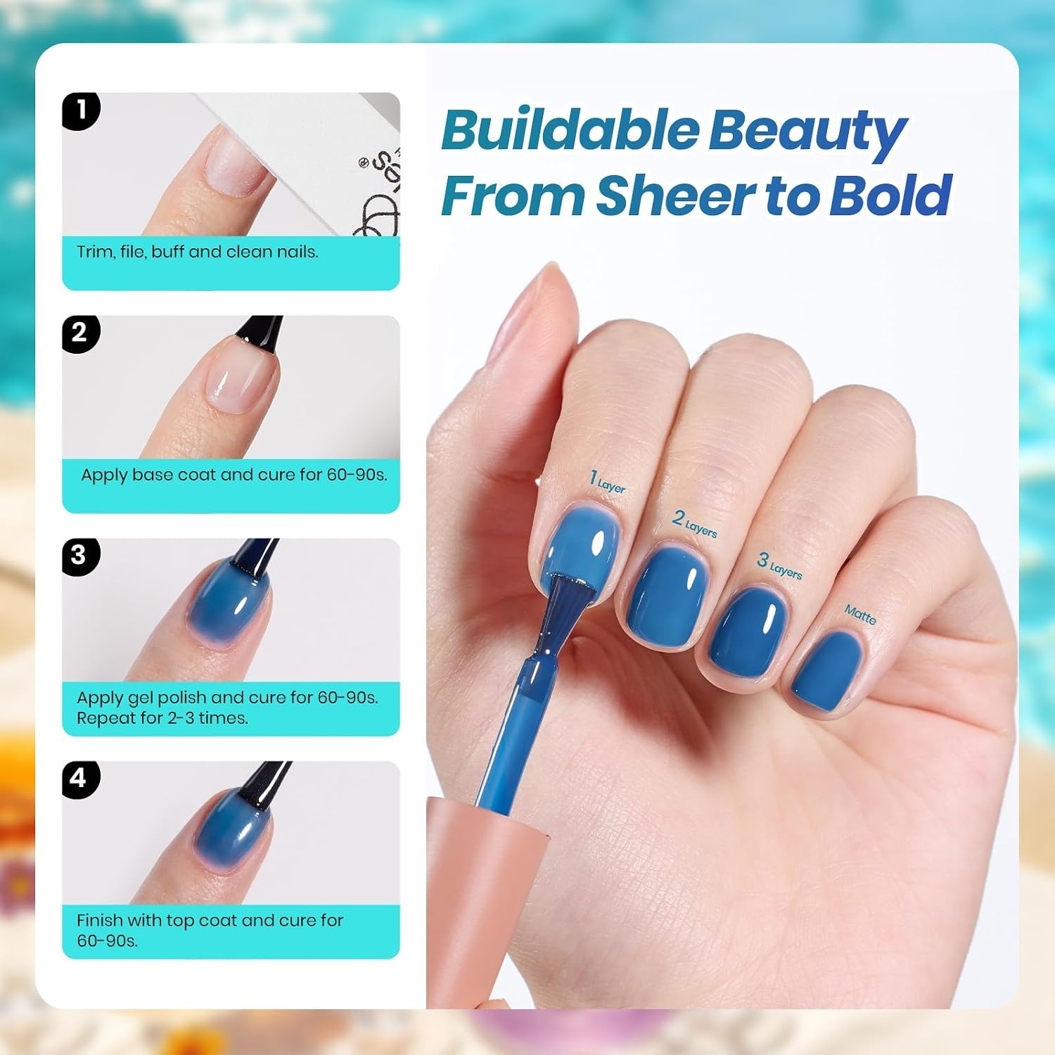 image:imageBeetles Summer Gel Nail Polish Set 5 Winter Colors Dark Blue Glitter White Light Blue Silver Gel Polish with Sealing Gel Sugar Dust Powder Nail Sticker UV LED Needed Gifts for Women Sparkling SnowLuminous Cocktail