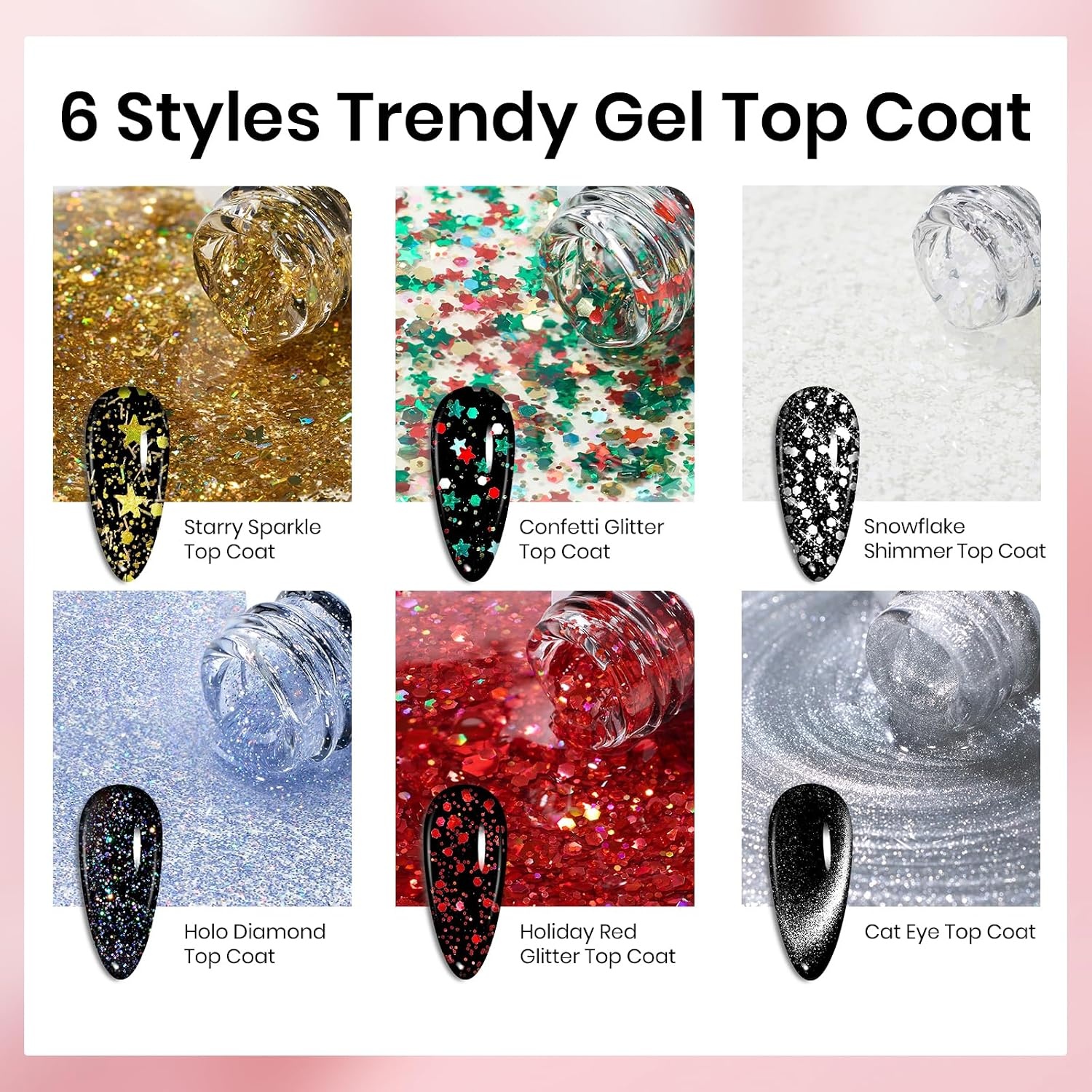 image:imageBeetles Summer Gel Nail Polish Set 5 Winter Colors Dark Blue Glitter White Light Blue Silver Gel Polish with Sealing Gel Sugar Dust Powder Nail Sticker UV LED Needed Gifts for Women Sparkling Snow6Pcs Glitter Gel Top Coat Set