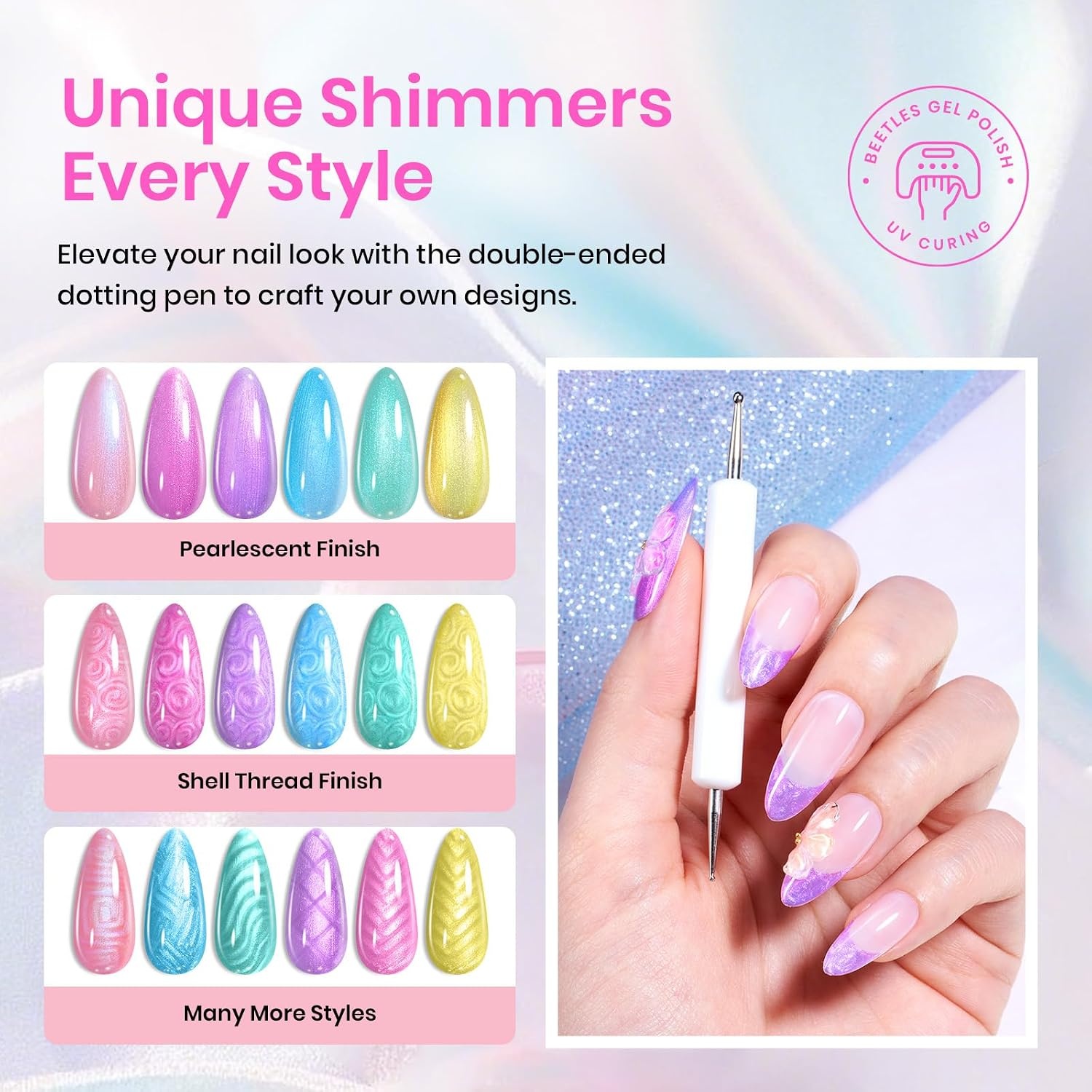 image:imageBeetles Summer Gel Nail Polish Set 5 Winter Colors Dark Blue Glitter White Light Blue Silver Gel Polish with Sealing Gel Sugar Dust Powder Nail Sticker UV LED Needed Gifts for Women Sparkling SnowPastel Whirlwind