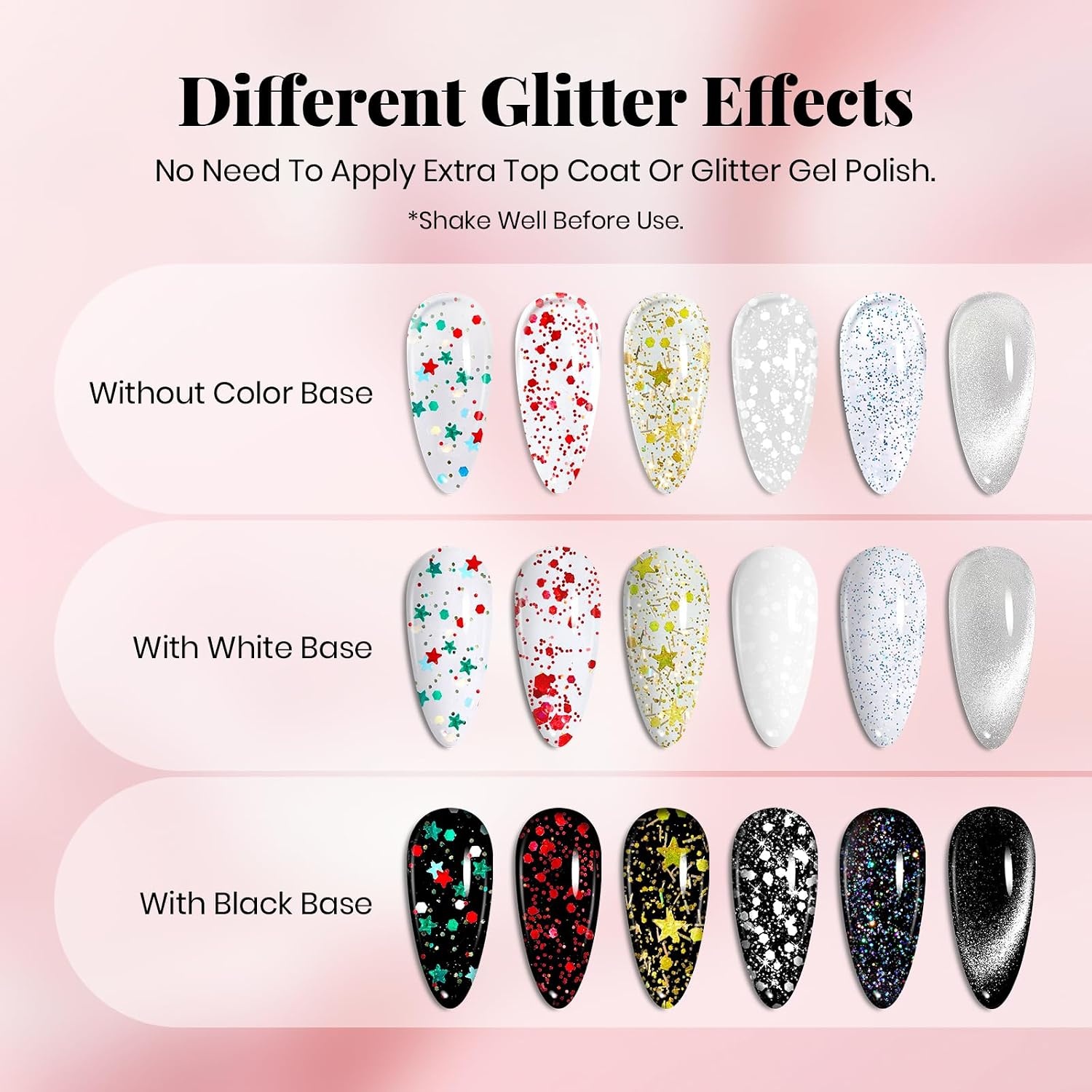 image:imageBeetles Summer Gel Nail Polish Set 5 Winter Colors Dark Blue Glitter White Light Blue Silver Gel Polish with Sealing Gel Sugar Dust Powder Nail Sticker UV LED Needed Gifts for Women Sparkling Snow6Pcs Glitter Gel Top Coat Set