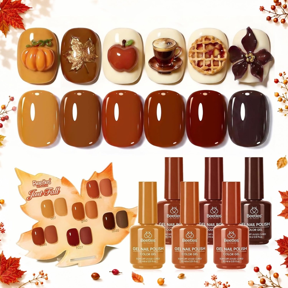 image:imageBeetles Brown Cat Eye Gel Nail Polish Set Gilded Amber Fall Gel Polish  6 Colors 15ML Full Size Glitter Gel Nail Kit Glass Cat Eye Magnetic Effect Soak Off UV Nail Art Salon DIY Gift for WomenJust Fall