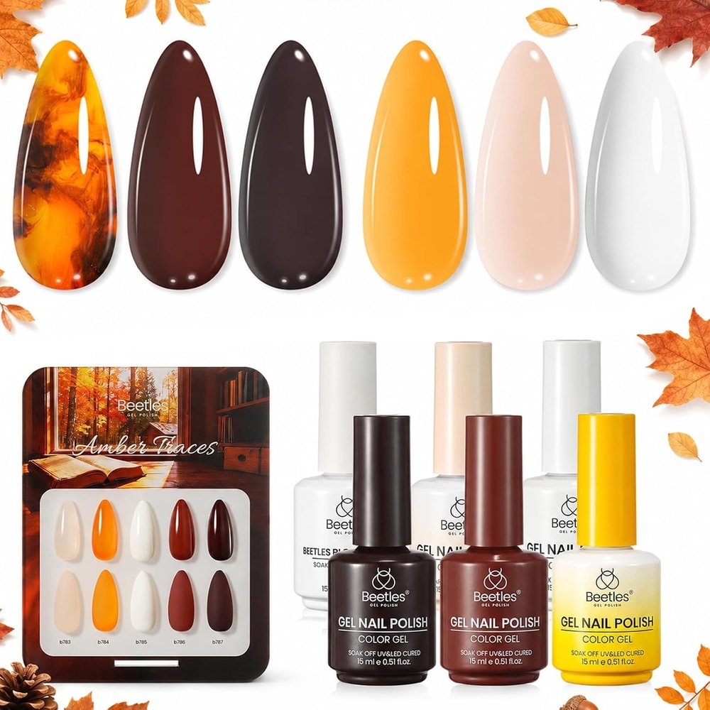 image:imageBeetles Brown Cat Eye Gel Nail Polish Set Gilded Amber Fall Gel Polish 6 Colors 15ML Full Size Glitter Gel Nail Kit Glass Cat Eye Magnetic Effect Soak Off UV Nail Art Salon DIY Gift for WomenAmber Traces