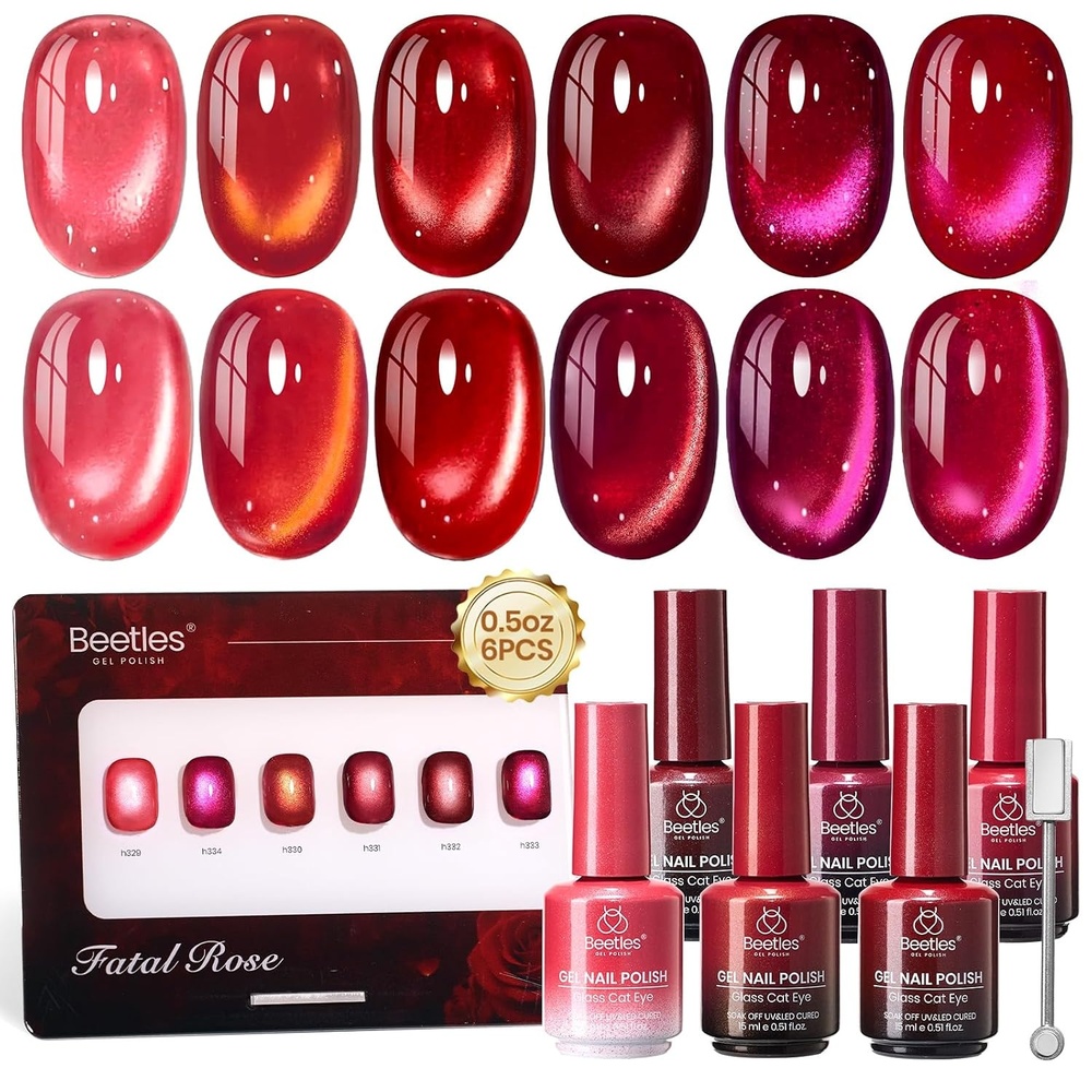 image:imageBeetles Brown Cat Eye Gel Nail Polish Set Gilded Amber Fall Gel Polish  6 Colors 15ML Full Size Glitter Gel Nail Kit Glass Cat Eye Magnetic Effect Soak Off UV Nail Art Salon DIY Gift for WomenFatal Rose