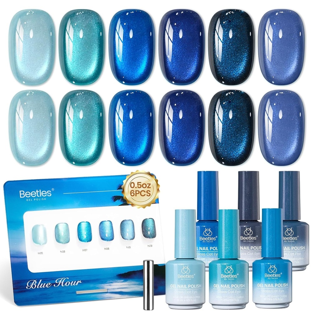image:imageBeetles Brown Cat Eye Gel Nail Polish Set Gilded Amber Fall Gel Polish 6 Colors 15ML Full Size Glitter Gel Nail Kit Glass Cat Eye Magnetic Effect Soak Off UV Nail Art Salon DIY Gift for WomenBlue Hour