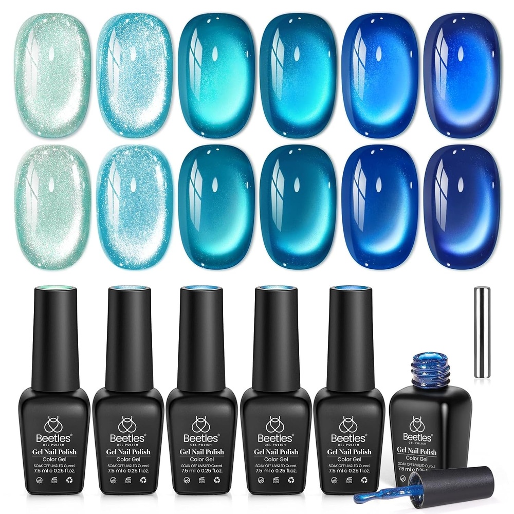 image:imageBeetles Cat Eye Gel Nail Polish Set Gilded Street 6 Colors Fall Gel Polish Glitter Gel Nail Kit Brown Red Gold Green 3D Shimmer Effect Soak Off UV DIY Salon Nail Art Fall Manicure Gift for WomenD Glassy Blue Liberty Blue