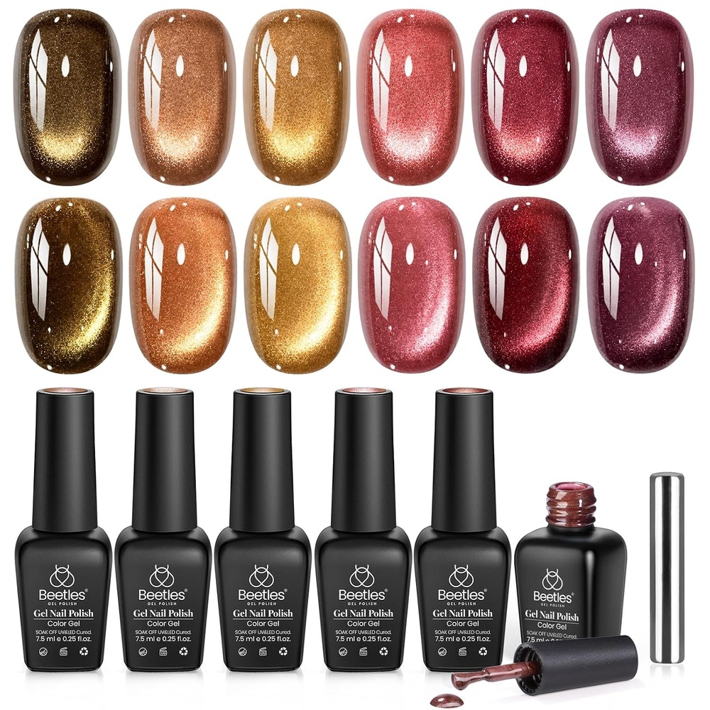 image:imageBeetles Cat Eye Gel Nail Polish Set Gilded Street 6 Colors Fall Gel Polish Glitter Gel Nail Kit Brown Red Gold Green 3D Shimmer Effect Soak Off UV DIY Salon Nail Art Fall Manicure Gift for WomenA Glassy Mixed Finishes Gilded Street Fall