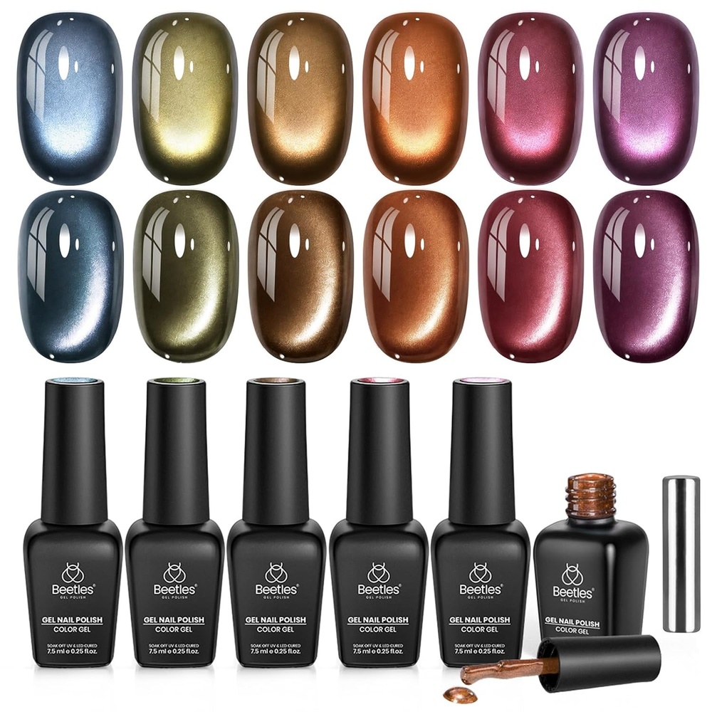 image:imageBeetles Cat Eye Gel Nail Polish Set Timeless Amber 6 Colors Fall Nail Gel Glitter Gel Blue Olive Green Brown Burgundy Red Purple Magnetic Glass Effect Soak Off UV Manicure with Magnet Gift for Women