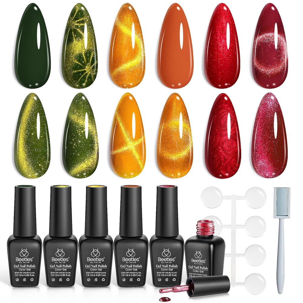 image:imageBeetles Fall Cat Eye Gel Nail Polish Set Gilded Leaves 6 Colors Amber Brown Gold Nude Magnetic Glitter Gel Polish Soak Off UV Nail Gel for DIY Manicure Nail Art Salon Use Gift for Women00Autumn Oasis