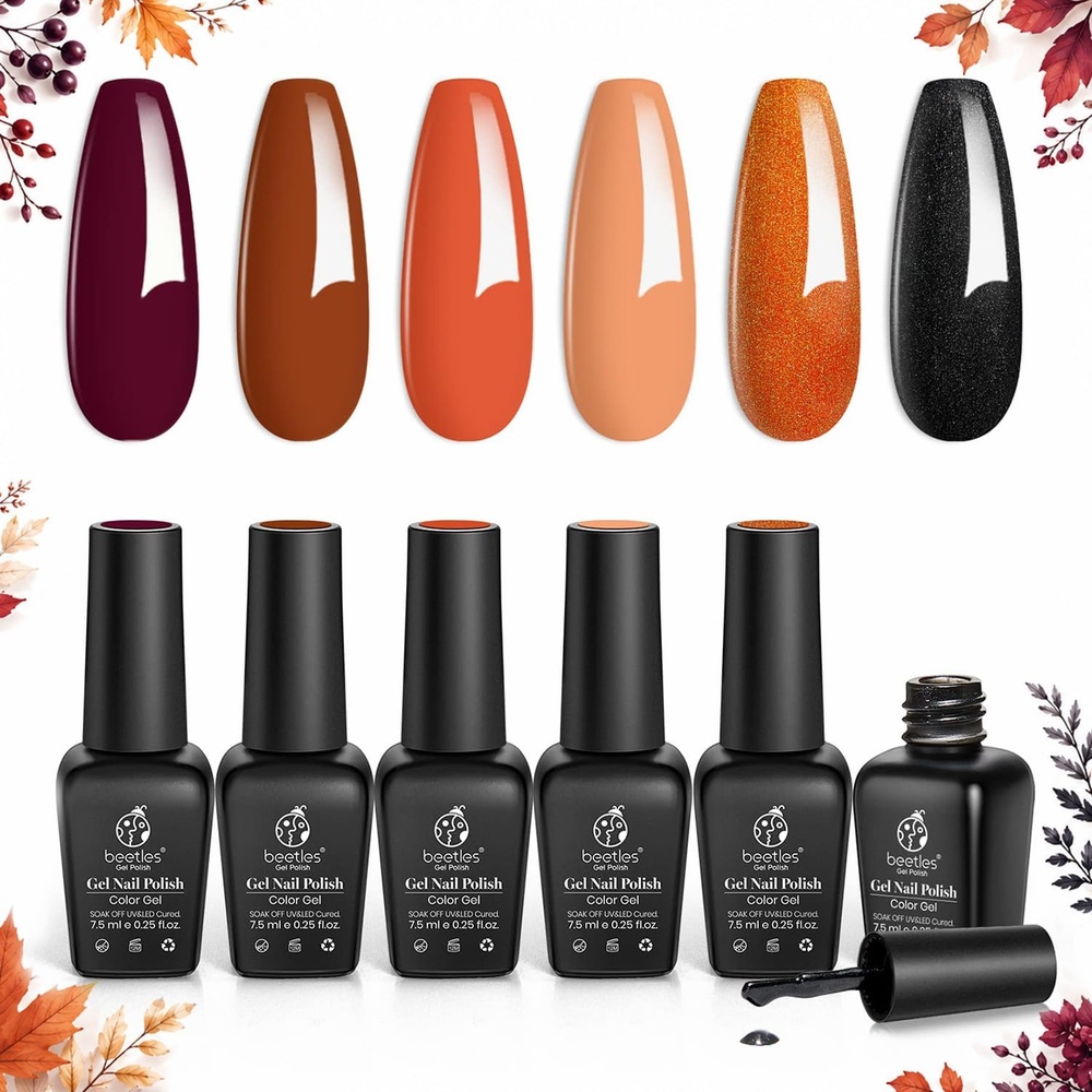 image:imageBeetles Fall Cat Eye Gel Nail Polish Set Gilded Leaves 6 Colors Amber Brown Gold Nude Magnetic Glitter Gel Polish Soak Off UV Nail Gel for DIY Manicure Nail Art Salon Use Gift for Women000Autumn Leaves