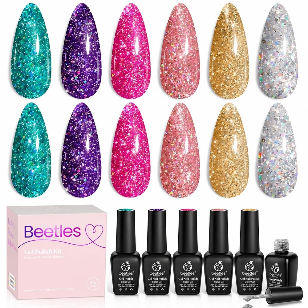 image:imageBeetles Fall Cat Eye Gel Nail Polish Set Gilded Leaves 6 Colors Amber Brown Gold Nude Magnetic Glitter Gel Polish Soak Off UV Nail Gel for DIY Manicure Nail Art Salon Use Gift for WomenMulticolored Glitter