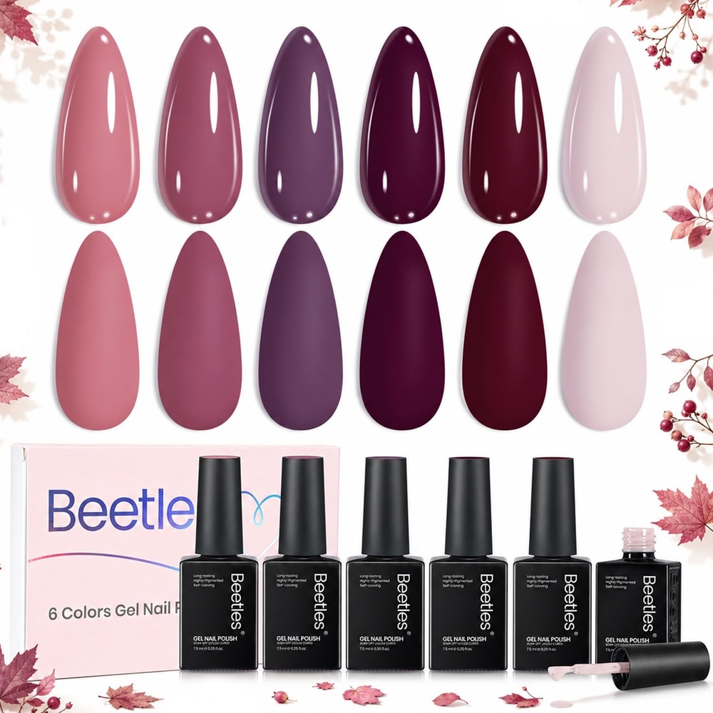 image:imageBeetles Fall Cat Eye Gel Nail Polish Set Gilded Leaves 6 Colors Amber Brown Gold Nude Magnetic Glitter Gel Polish Soak Off UV Nail Gel for DIY Manicure Nail Art Salon Use Gift for Women000Rose Petals