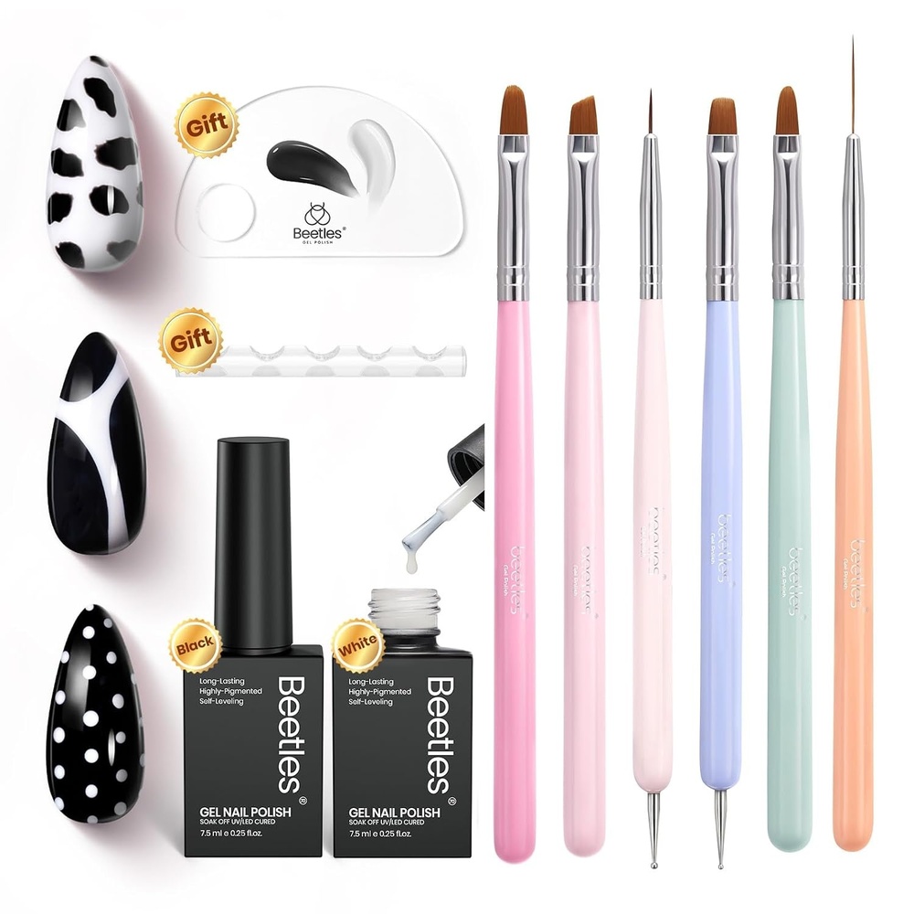image:imageBeetles Fall Cat Eye Gel Nail Polish Set Gilded Leaves 6 Colors Amber Brown Gold Nude Magnetic Glitter Gel Polish Soak Off UV Nail Gel for DIY Manicure Nail Art Salon Use Gift for Women7WhiteBlack Gel Polish with Nail Art Brushes Set