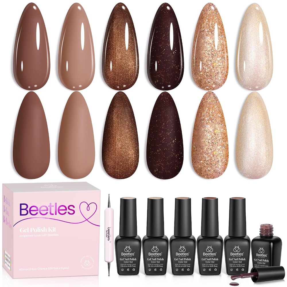image:imageBeetles Fall Cat Eye Gel Nail Polish Set  Gilded Leaves 6 Colors  Amber Brown Gold Nude Magnetic Glitter Gel Polish Soak Off UV Nail Gel for DIY Manicure Nail Art Salon Use Gift for Women0Brownie Bliss