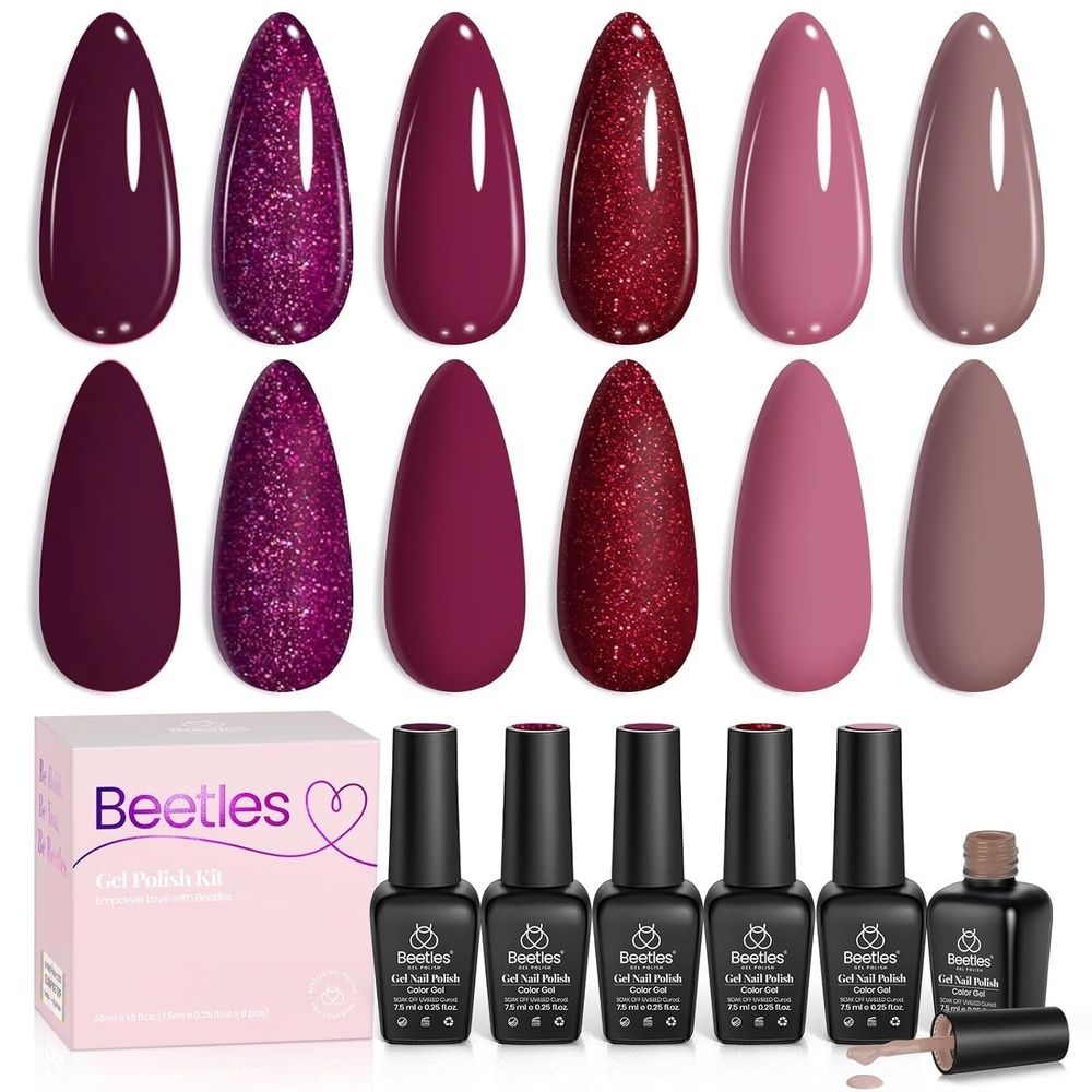 image:imageBeetles Fall Cat Eye Gel Nail Polish Set  Gilded Leaves 6 Colors  Amber Brown Gold Nude Magnetic Glitter Gel Polish Soak Off UV Nail Gel for DIY Manicure Nail Art Salon Use Gift for Women0006 Colors Berry Merlot