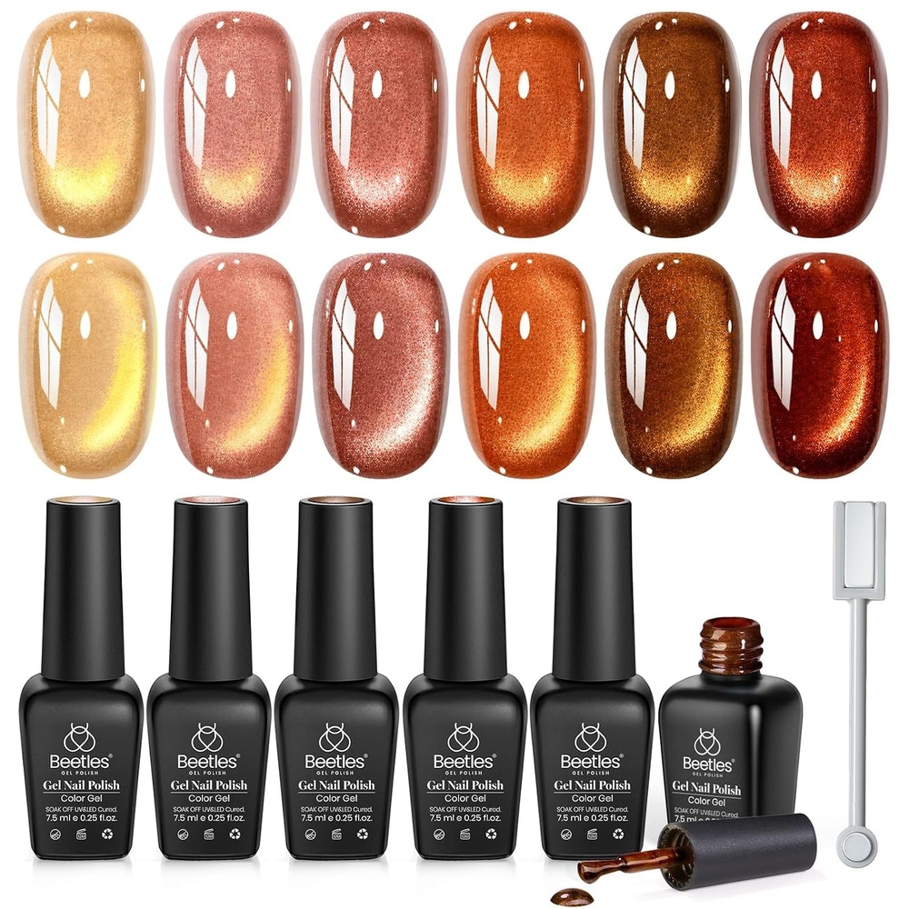 image:imageBeetles Fall Cat Eye Gel Nail Polish Set Gilded Leaves 6 Colors Amber Brown Gold Nude Magnetic Glitter Gel Polish Soak Off UV Nail Gel for DIY Manicure Nail Art Salon Use Gift for WomenA Glass Cat Eye Gilded Leaves