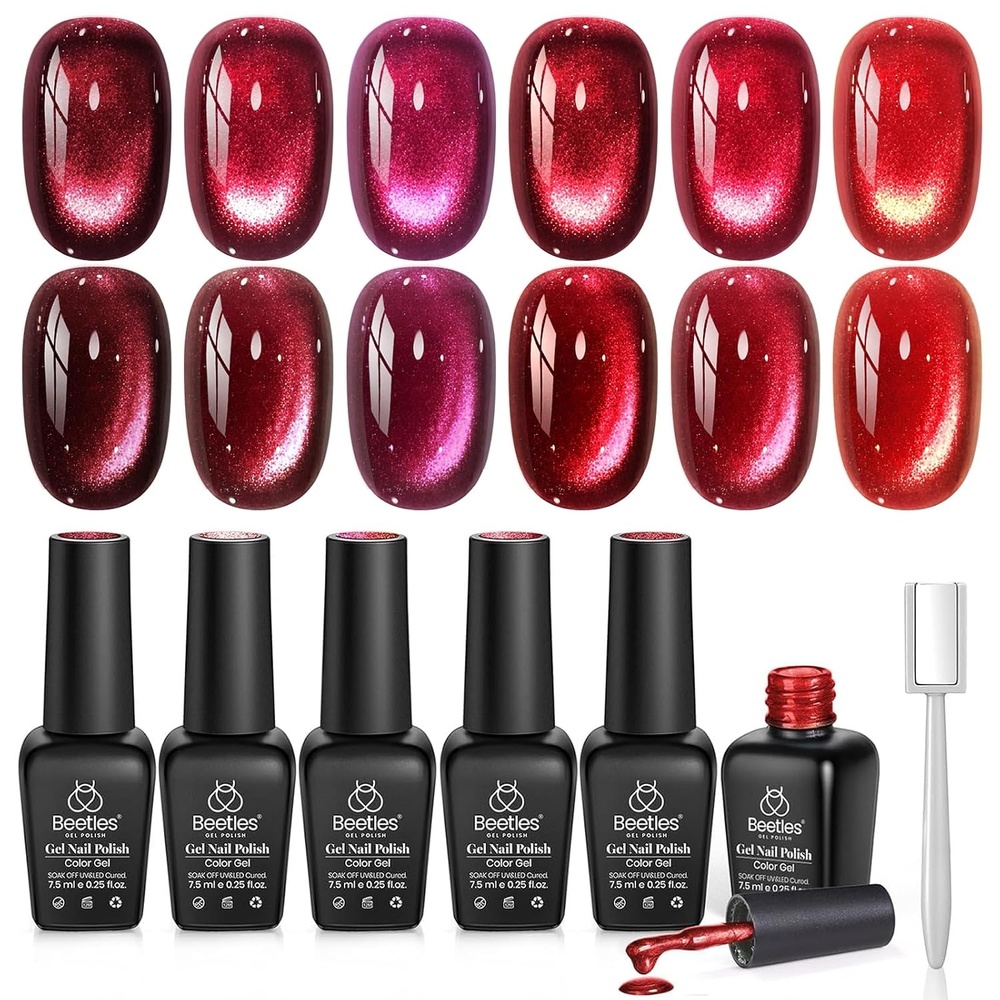 image:imageBeetles Fall Cat Eye Gel Nail Polish Set Gilded Leaves 6 Colors Amber Brown Gold Nude Magnetic Glitter Gel Polish Soak Off UV Nail Gel for DIY Manicure Nail Art Salon Use Gift for Women000Sultry Burgundy