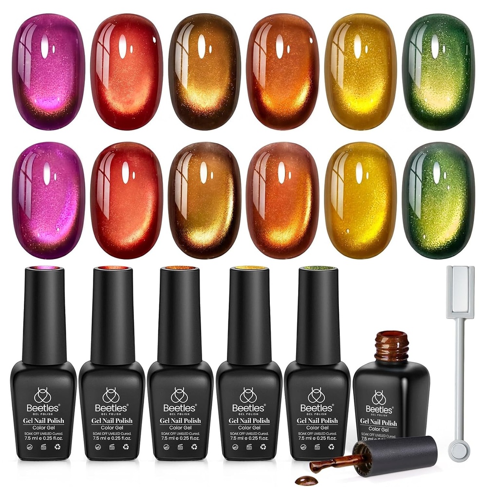 image:imageBeetles Fall Cat Eye Gel Polish Set Vintage Jewel 6 Colors Gel Polish Kit Glitter Gel Purple Red Brown Orange Gold Green Magnetic Glass Cat Eye Luminous Gemstone Effect Soak Off UV Manicure for Women
