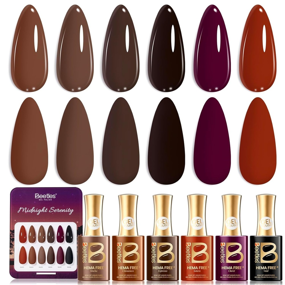 image:imageBeetles Fall Gel Polish Set Amber Season with Color Card 6 Colors Yellow Brown Gel Nail Polish Set 15ML Full Size Same Color Same Bottle LongLasting Soak Off UV Lamp Fall Nails Art000Midnight Serenity