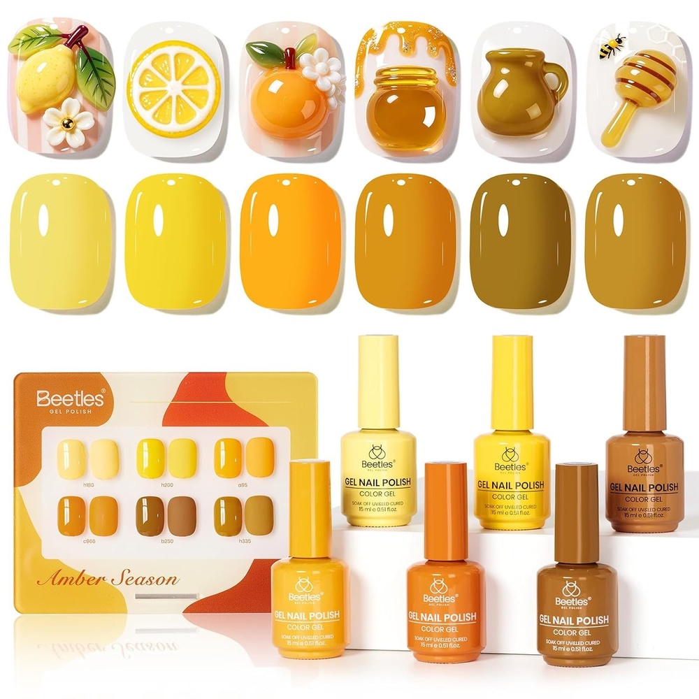 image:imageBeetles Fall Gel Polish Set  Amber Season with Color Card 6 Colors Yellow Brown Gel Nail Polish Set 15ML Full Size Same Color Same Bottle LongLasting Soak Off UV Lamp Fall Nails ArtAmber Season
