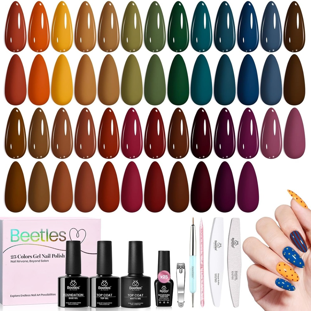 image:imageBeetles Fall Gel Polish Set Fall Passage Collection 25 Autumn Colors Burgundy Brown Orange Dark Gel Polish Base Glossy Matte Top Coat UV LED Soak Off Gifts for WomenFall Passage