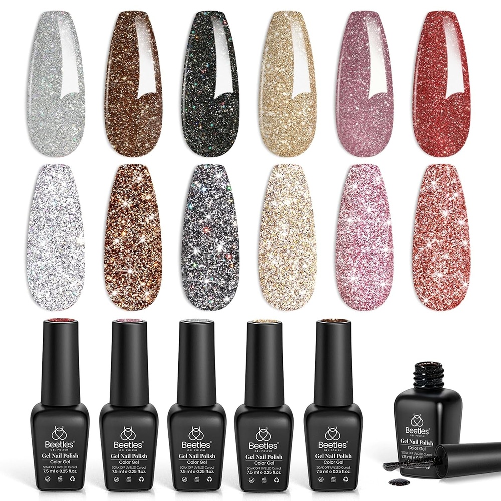 image:imageBeetles Red Gel Nail Polish Set Ruby Hour 6 Colors Jelly Gel Polish Kit Fall Gel Nail Kit Burgundy Wine Red Cherry Brown Sheer Translucent Effect Soak Off UV Salon DIY Gift for Women00Reflective Glitter Gel Polish Set
