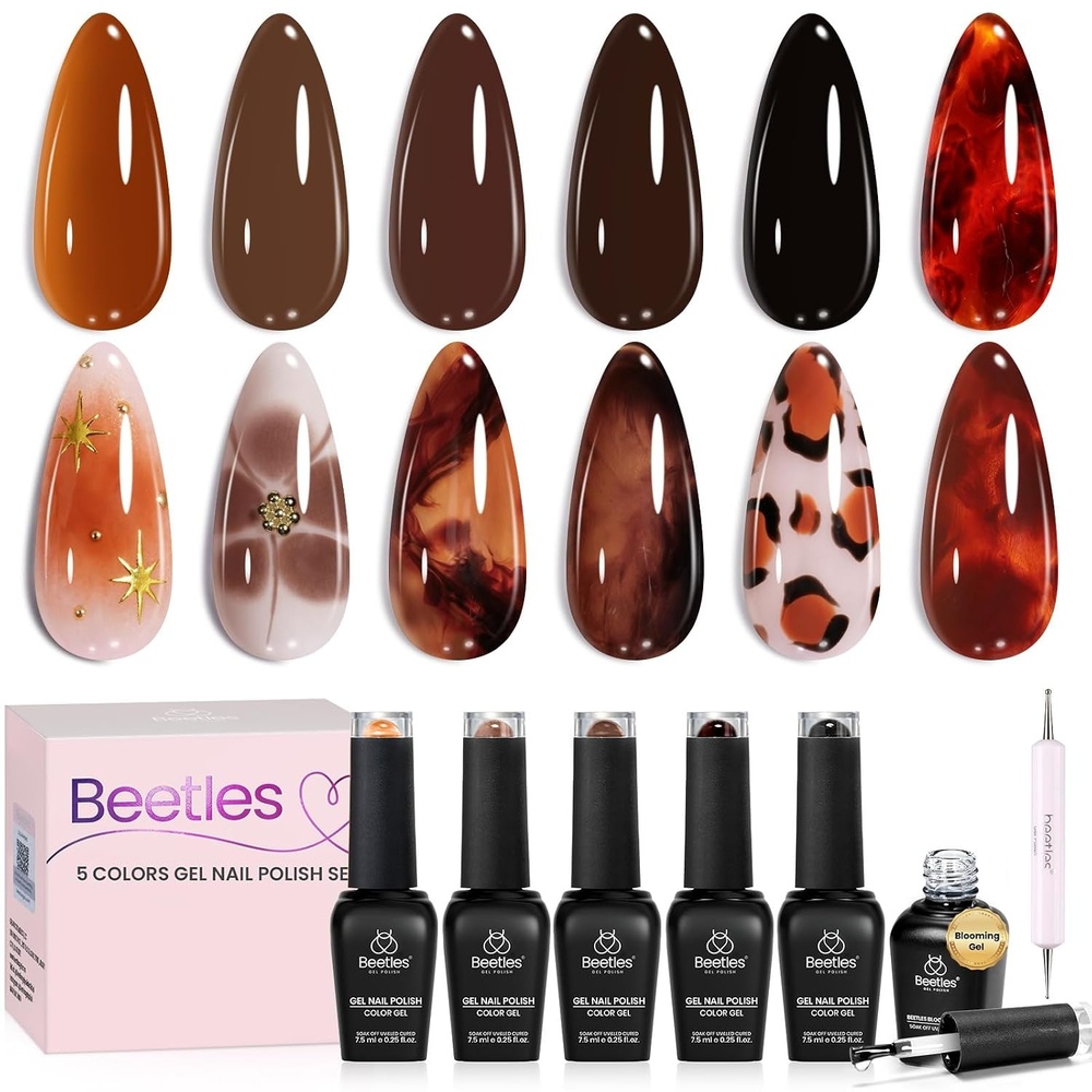 image:imageBeetles Red Gel Nail Polish Set Ruby Hour 6 Colors Jelly Gel Polish Kit Fall Gel Nail Kit Burgundy Wine Red Cherry Brown Sheer Translucent Effect Soak Off UV Salon DIY Gift for WomenAMixed Finishes Fall Brushstrokes