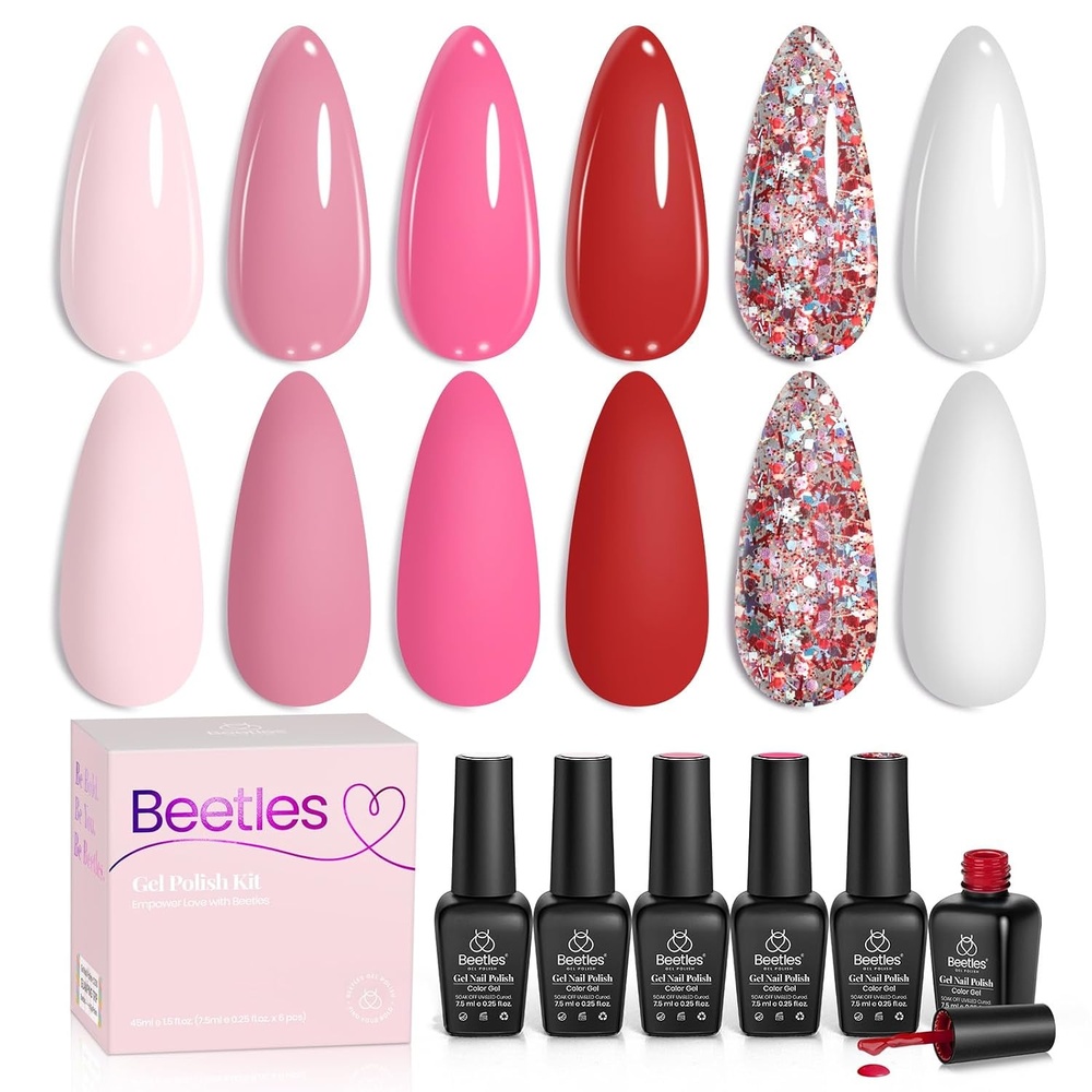 image:imageBeetles Red Gel Nail Polish Set Ruby Hour 6 Colors Jelly Gel Polish Kit Fall Gel Nail Kit Burgundy Wine Red Cherry Brown Sheer Translucent Effect Soak Off UV Salon DIY Gift for Women0Fall in Love Pink