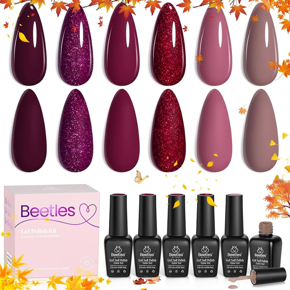 image:imageBeetles Red Gel Nail Polish Set Ruby Hour 6 Colors Jelly Gel Polish Kit Fall Gel Nail Kit Burgundy Wine Red Cherry Brown Sheer Translucent Effect Soak Off UV Salon DIY Gift for WomenZ6 Colors Berry Merlot