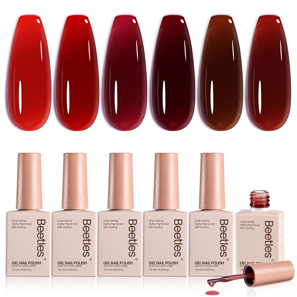 image:imageBeetles Red Gel Nail Polish Set Ruby Hour 6 Colors Jelly Gel Polish Kit Fall Gel Nail Kit Burgundy Wine Red Cherry Brown Sheer Translucent Effect Soak Off UV Salon DIY Gift for WomenA Sheer Red Ruby Hour