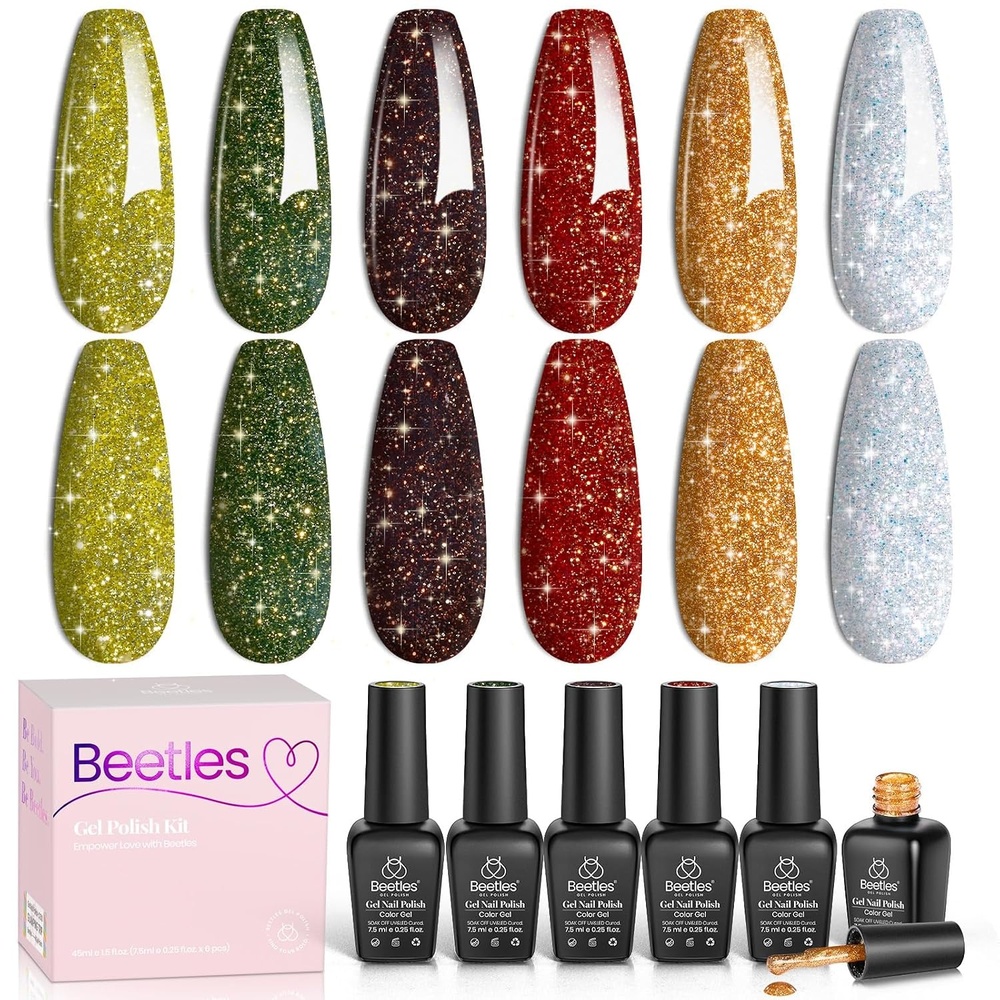 image:imageBeetles Red Gel Nail Polish Set Ruby Hour 6 Colors Jelly Gel Polish Kit Fall Gel Nail Kit Burgundy Wine Red Cherry Brown Sheer Translucent Effect Soak Off UV Salon DIY Gift for Women000Glitter Vintage Luminary