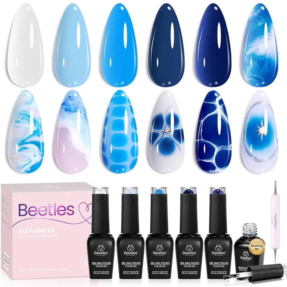 image:imageBeetles Red Gel Nail Polish Set Ruby Hour 6 Colors Jelly Gel Polish Kit Fall Gel Nail Kit Burgundy Wine Red Cherry Brown Sheer Translucent Effect Soak Off UV Salon DIY Gift for WomenAzure Ripples