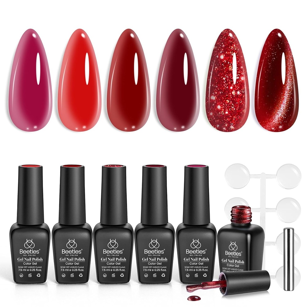 image:imageBeetles Red Gel Nail Polish Set Ruby Hour 6 Colors Jelly Gel Polish Kit Fall Gel Nail Kit Burgundy Wine Red Cherry Brown Sheer Translucent Effect Soak Off UV Salon DIY Gift for Women00Red Revival