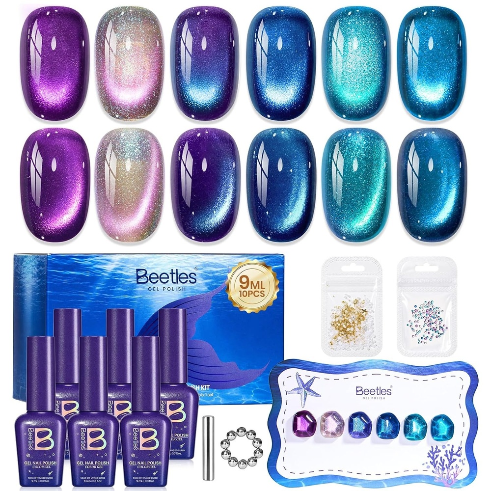 image:imageBeetles Siren Song Cat Eye Gel Nail Polish Set 6 Colors 9ml Fall Gel  Blue Purple Magnetic Gel Polish Kit with Cat EyeampWater Ripple Magnets Stick Nail Charms Soak Off UV Nail Art Gift for WomenA  Glassy Cat Eye  Siren Song