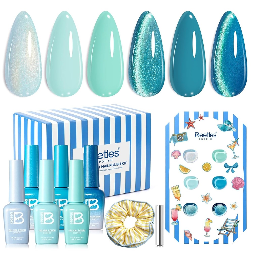 image:imageBeetles Siren Song Cat Eye Gel Nail Polish Set 6 Colors 9ml Fall Gel Blue Purple Magnetic Gel Polish Kit with Cat EyeampWater Ripple Magnets Stick Nail Charms Soak Off UV Nail Art Gift for WomenShore Light