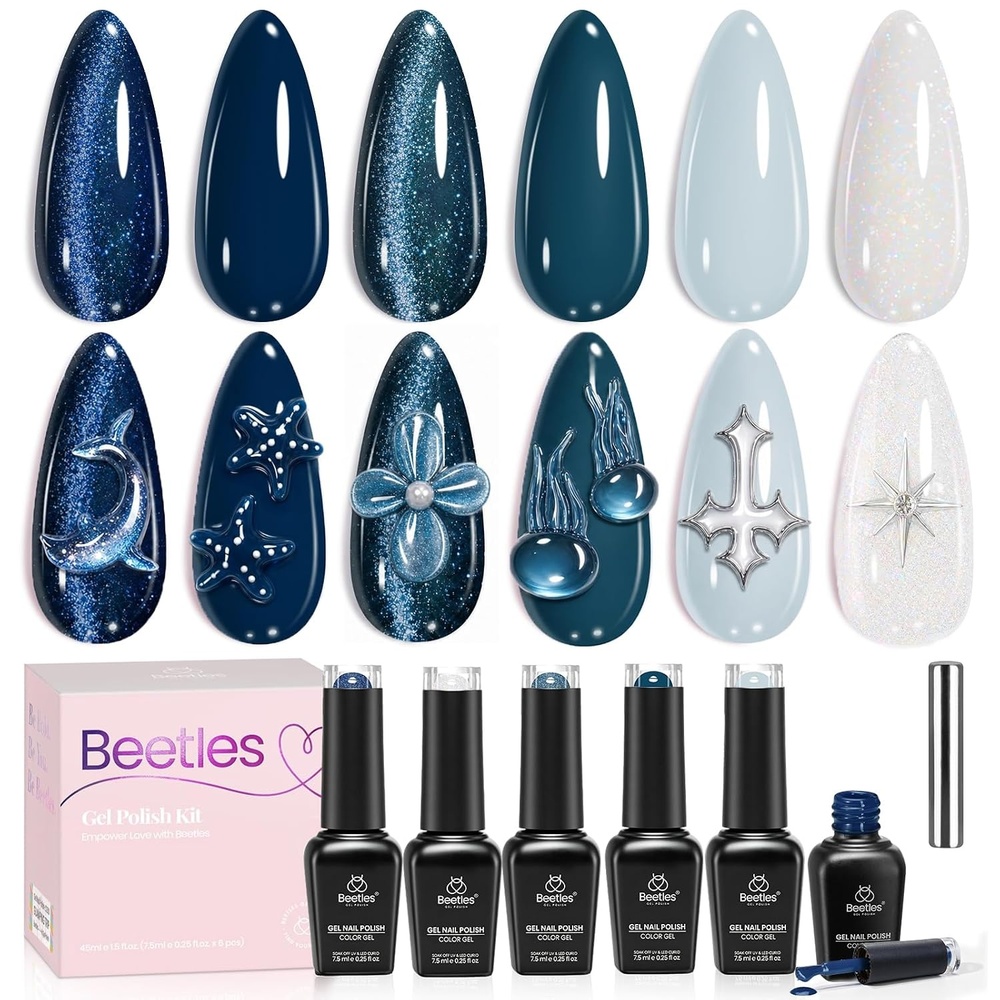 image:imageBeetles Summer Gel Nail Polish Set 5 Winter Colors Dark Blue Glitter White Light Blue Silver Gel Polish with Sealing Gel Sugar Dust Powder Nail Sticker UV LED Needed Gifts for Women Sparkling SnowSkyfall Fade