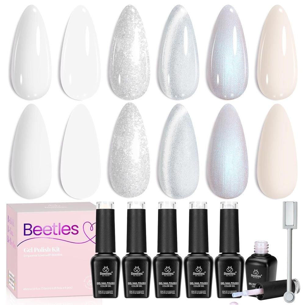 image:imageBeetles Summer Gel Nail Polish Set 5 Winter Colors Dark Blue Glitter White Light Blue Silver Gel Polish with Sealing Gel Sugar Dust Powder Nail Sticker UV LED Needed Gifts for Women Sparkling SnowCloud Aura