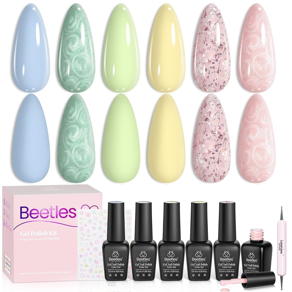 image:imageBeetles Summer Gel Nail Polish Set 5 Winter Colors Dark Blue Glitter White Light Blue Silver Gel Polish with Sealing Gel Sugar Dust Powder Nail Sticker UV LED Needed Gifts for Women Sparkling SnowSpring scenery by the lake
