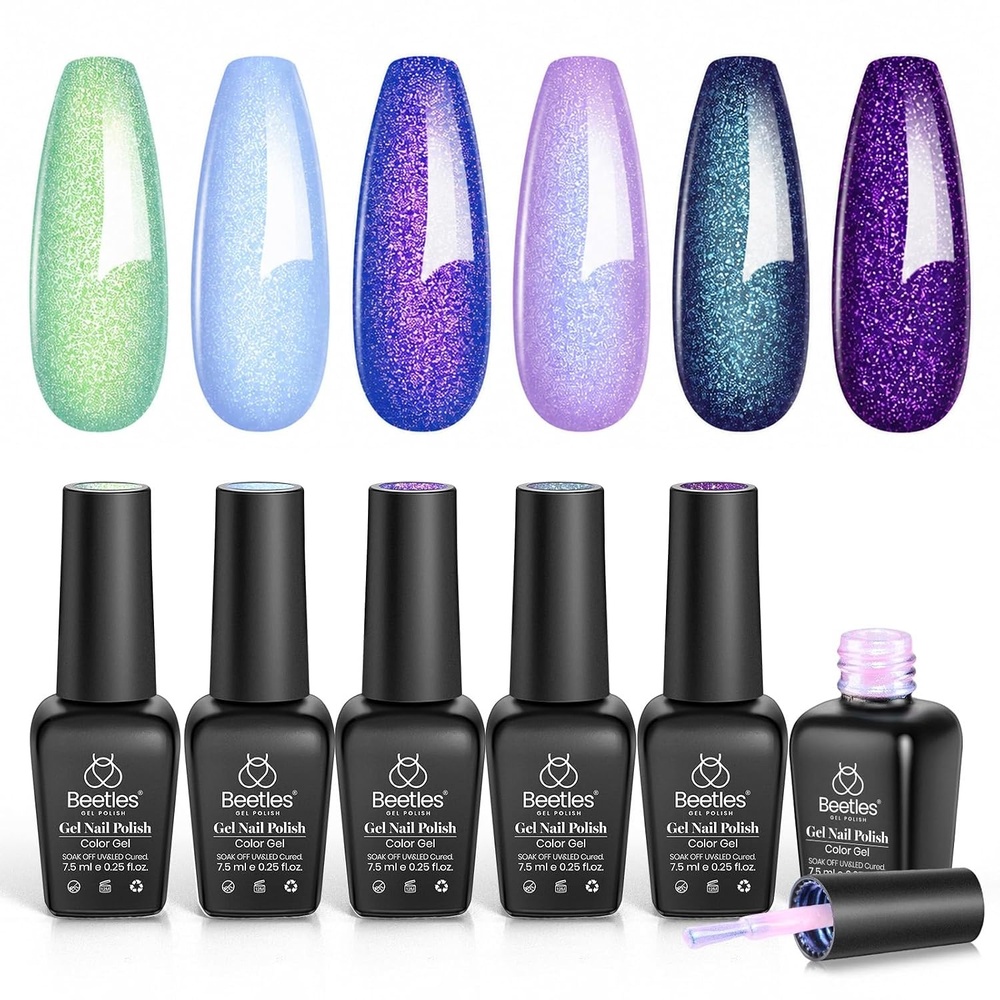 image:imageBeetles Summer Gel Nail Polish Set 5 Winter Colors Dark Blue Glitter White Light Blue Silver Gel Polish with Sealing Gel Sugar Dust Powder Nail Sticker UV LED Needed Gifts for Women Sparkling SnowKaleido Galaxy
