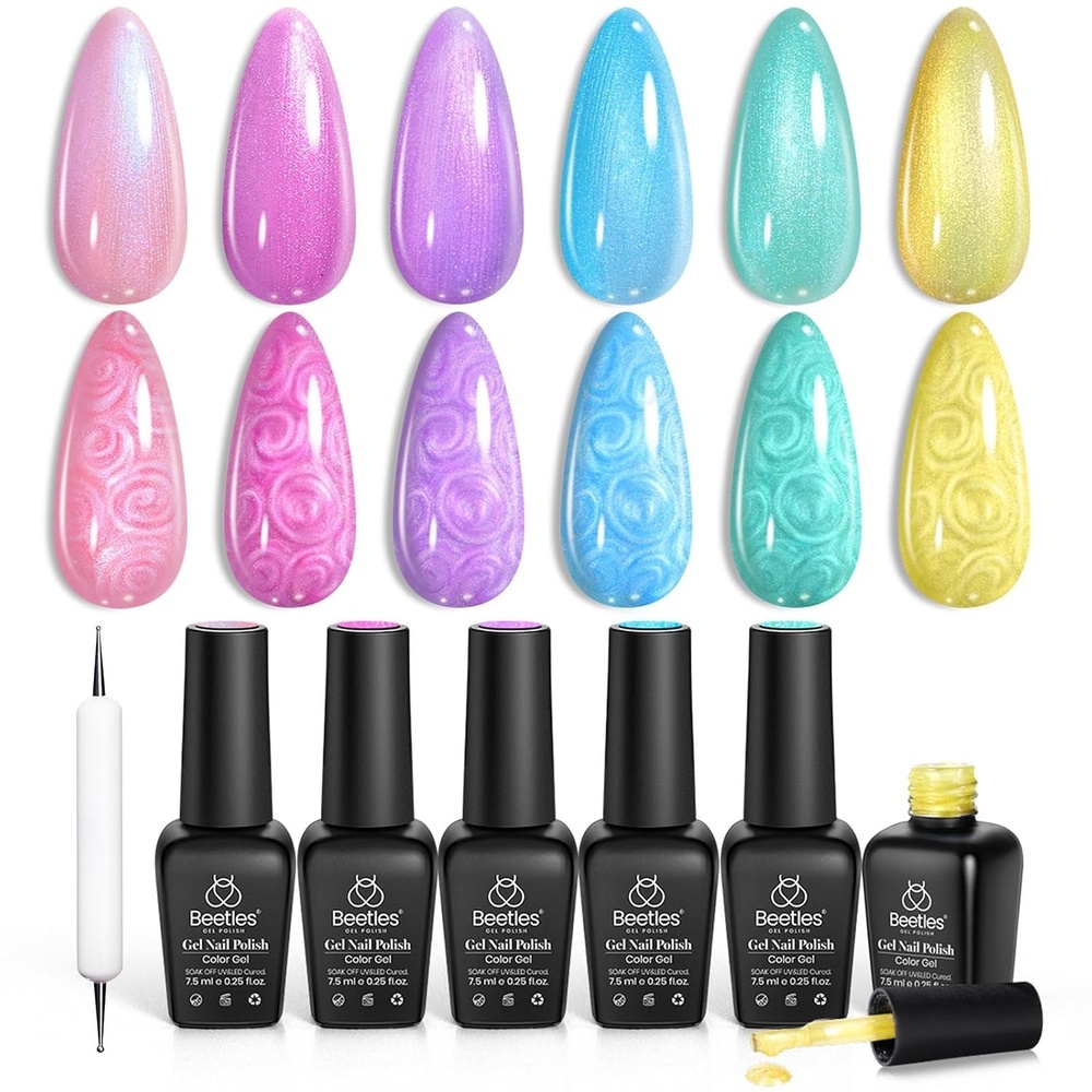 image:imageBeetles Summer Gel Nail Polish Set 5 Winter Colors Dark Blue Glitter White Light Blue Silver Gel Polish with Sealing Gel Sugar Dust Powder Nail Sticker UV LED Needed Gifts for Women Sparkling SnowPastel Whirlwind