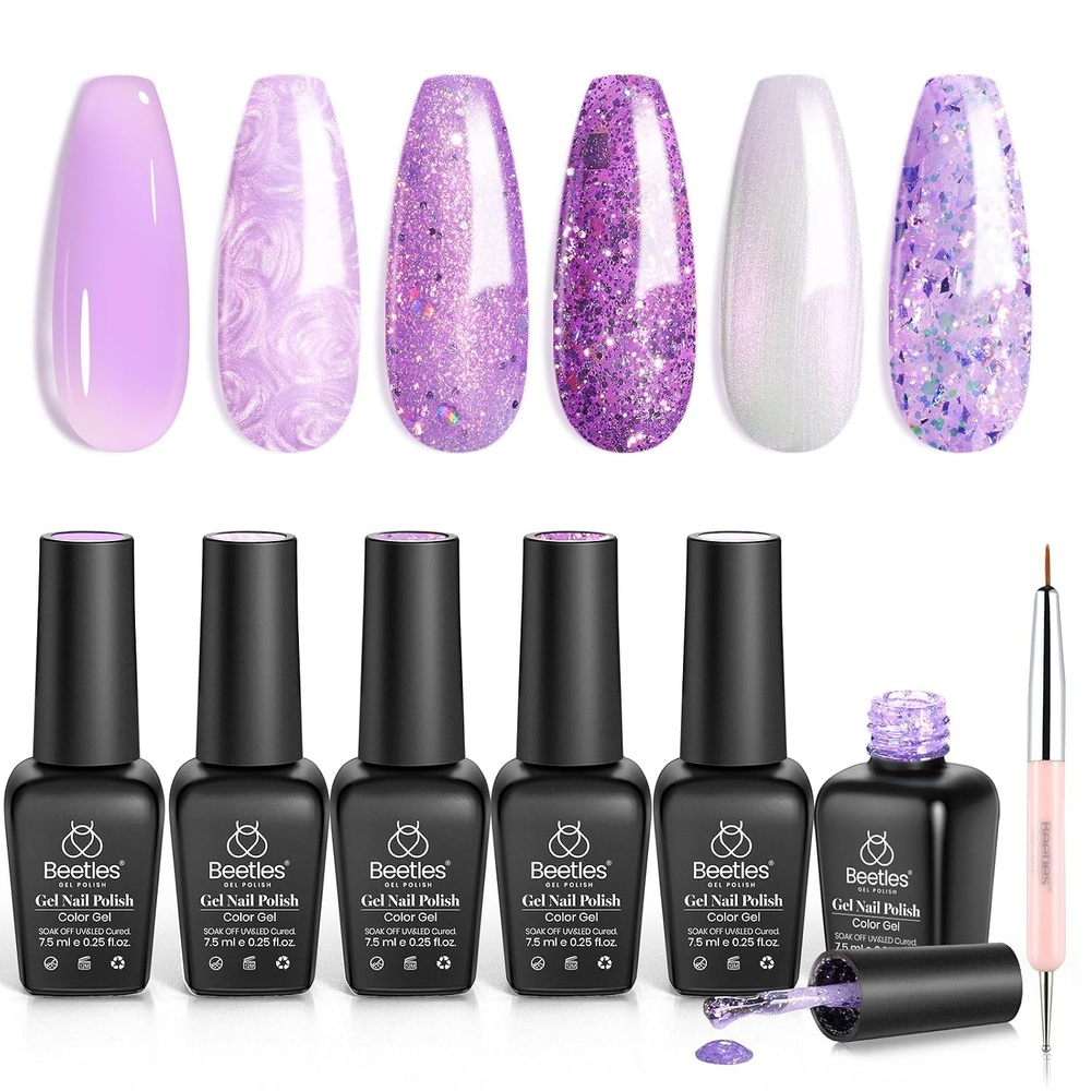 image:imageBeetles Summer Gel Nail Polish Set 5 Winter Colors Dark Blue Glitter White Light Blue Silver Gel Polish with Sealing Gel Sugar Dust Powder Nail Sticker UV LED Needed Gifts for Women Sparkling SnowMoonlit Whimsy