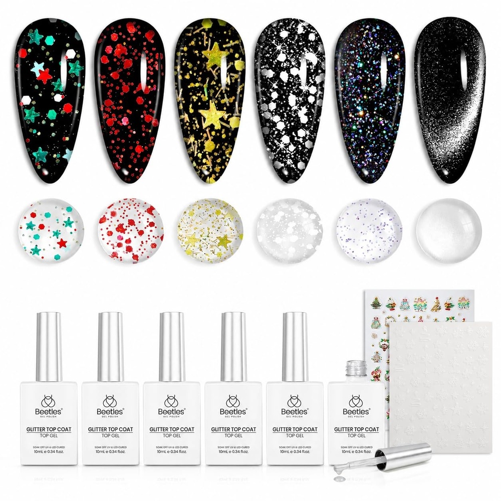 image:imageBeetles Summer Gel Nail Polish Set 5 Winter Colors Dark Blue Glitter White Light Blue Silver Gel Polish with Sealing Gel Sugar Dust Powder Nail Sticker UV LED Needed Gifts for Women Sparkling Snow6Pcs Glitter Gel Top Coat Set